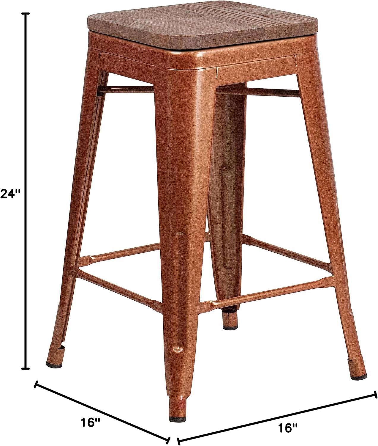 Flash Furniture 24" High Metal Counter-Height, Indoor Bar Stool with Wood Seat in Silver - Stackable Set of 4
