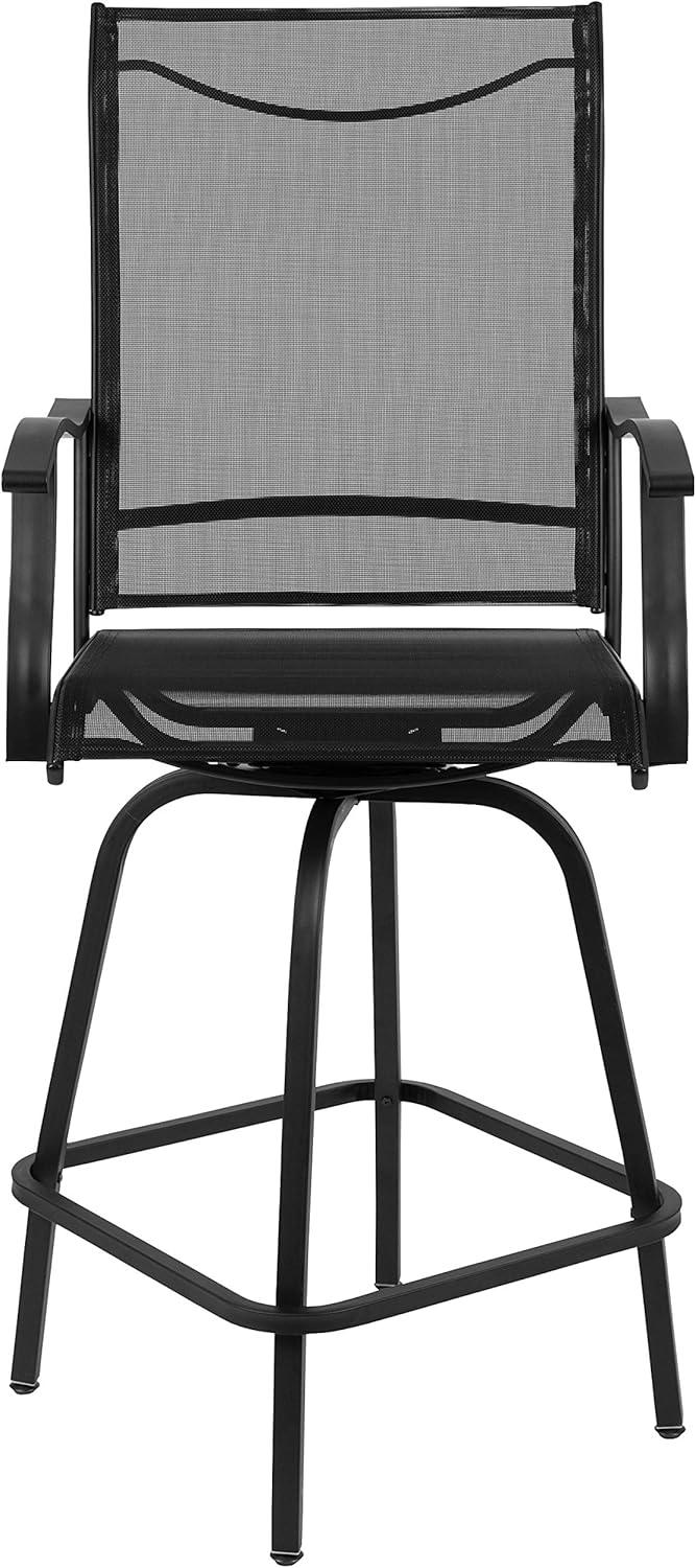 Flash Furniture Patio Bar Height Stools Set of 2, All-Weather Textilene Swivel Patio Stools and Deck Chairs with High Back & Armrests in Black