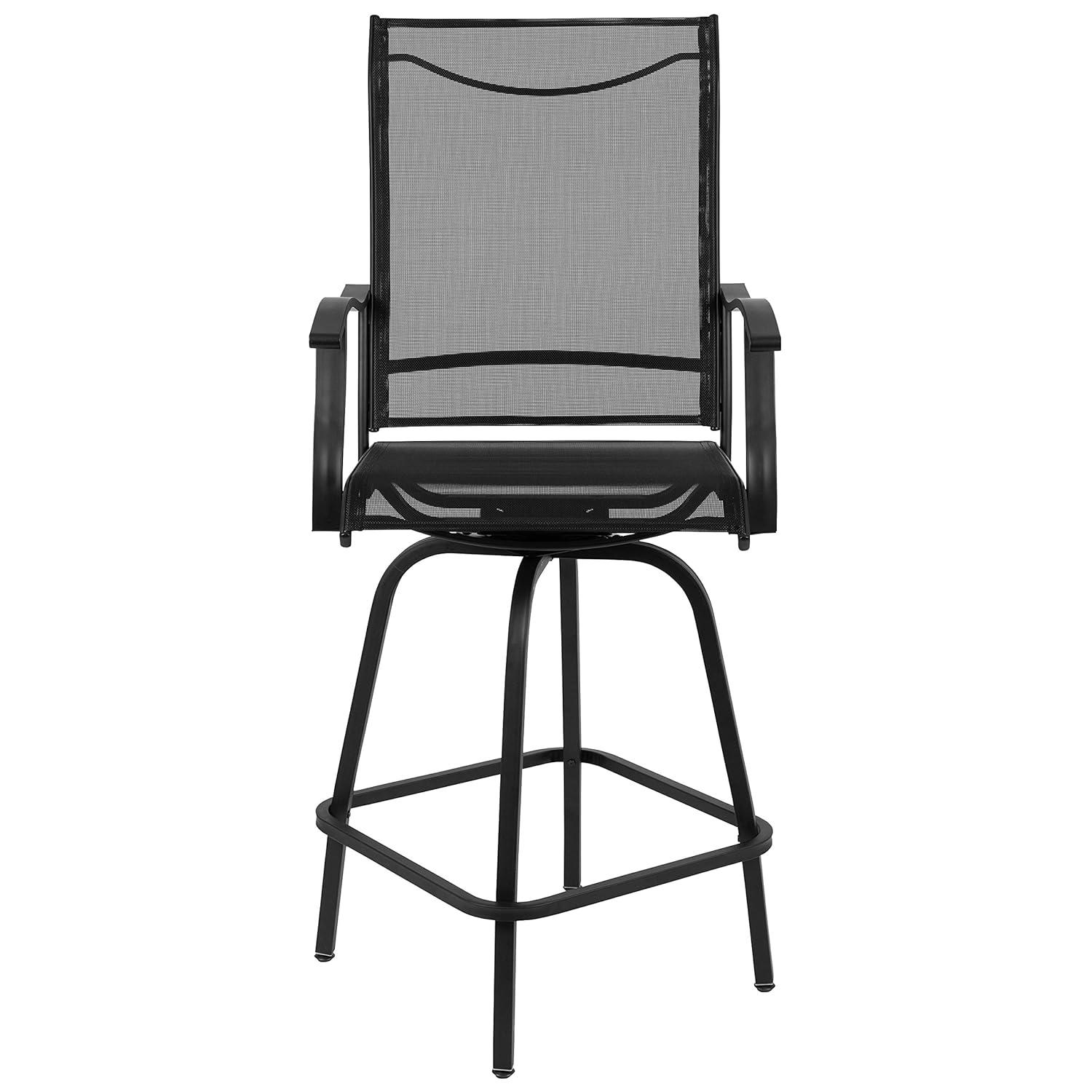 Flash Furniture Patio Bar Height Stools Set of 2, All-Weather Textilene Swivel Patio Stools and Deck Chairs with High Back & Armrests in Black