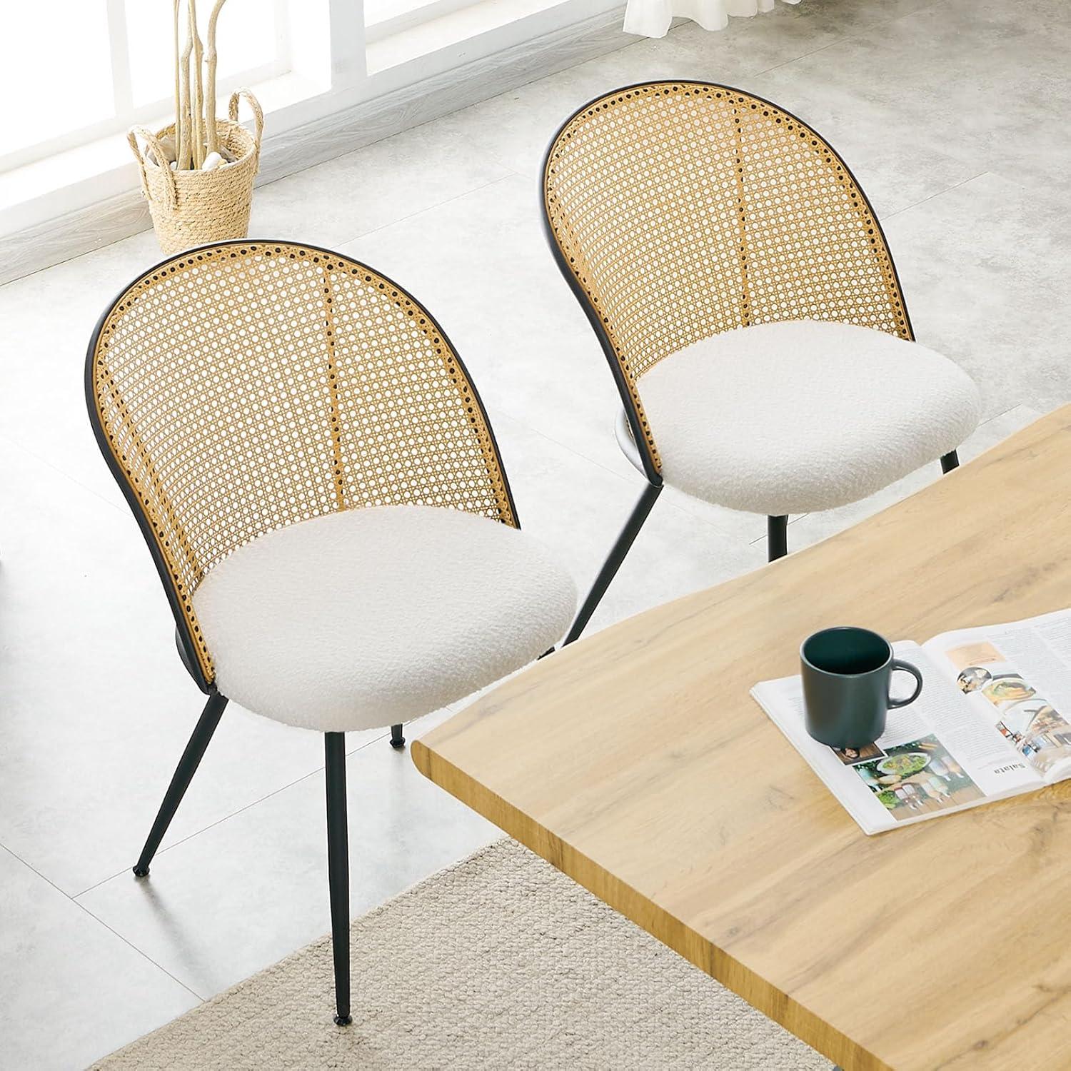 Lucky Monet Modern Upholstered Rattan Dining Chairs Set of 2/4 Set of 2 - PU-White-Natural Back
