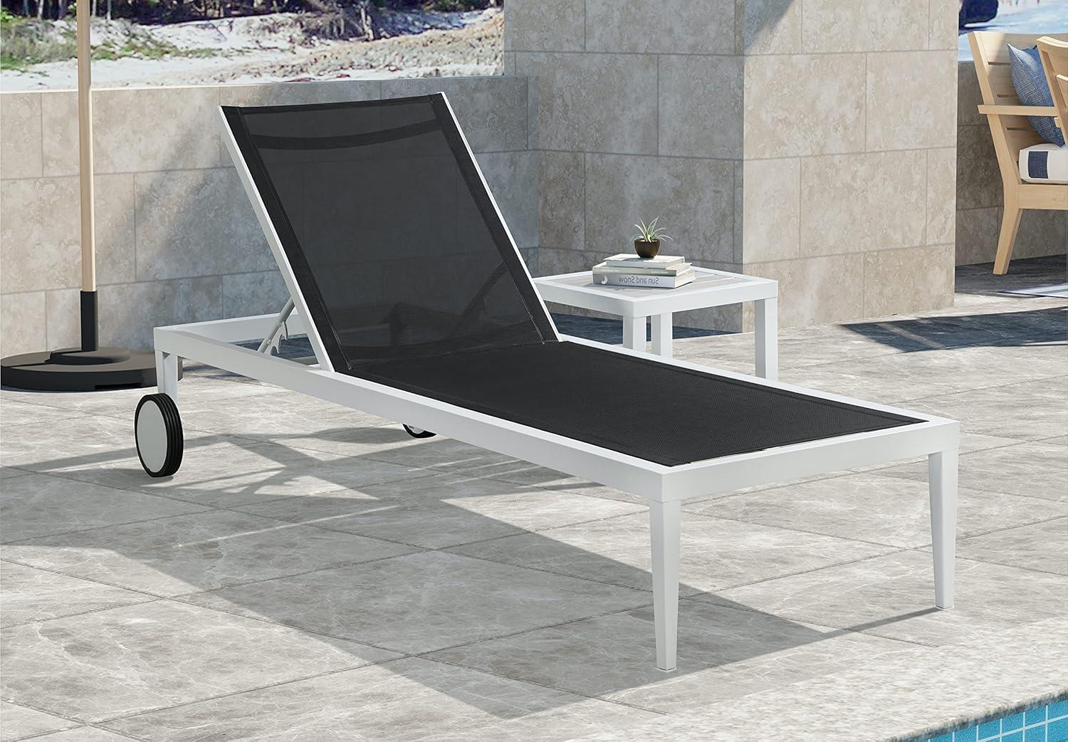 Sleek White Aluminum Outdoor Mesh Chaise Lounge with Wheels