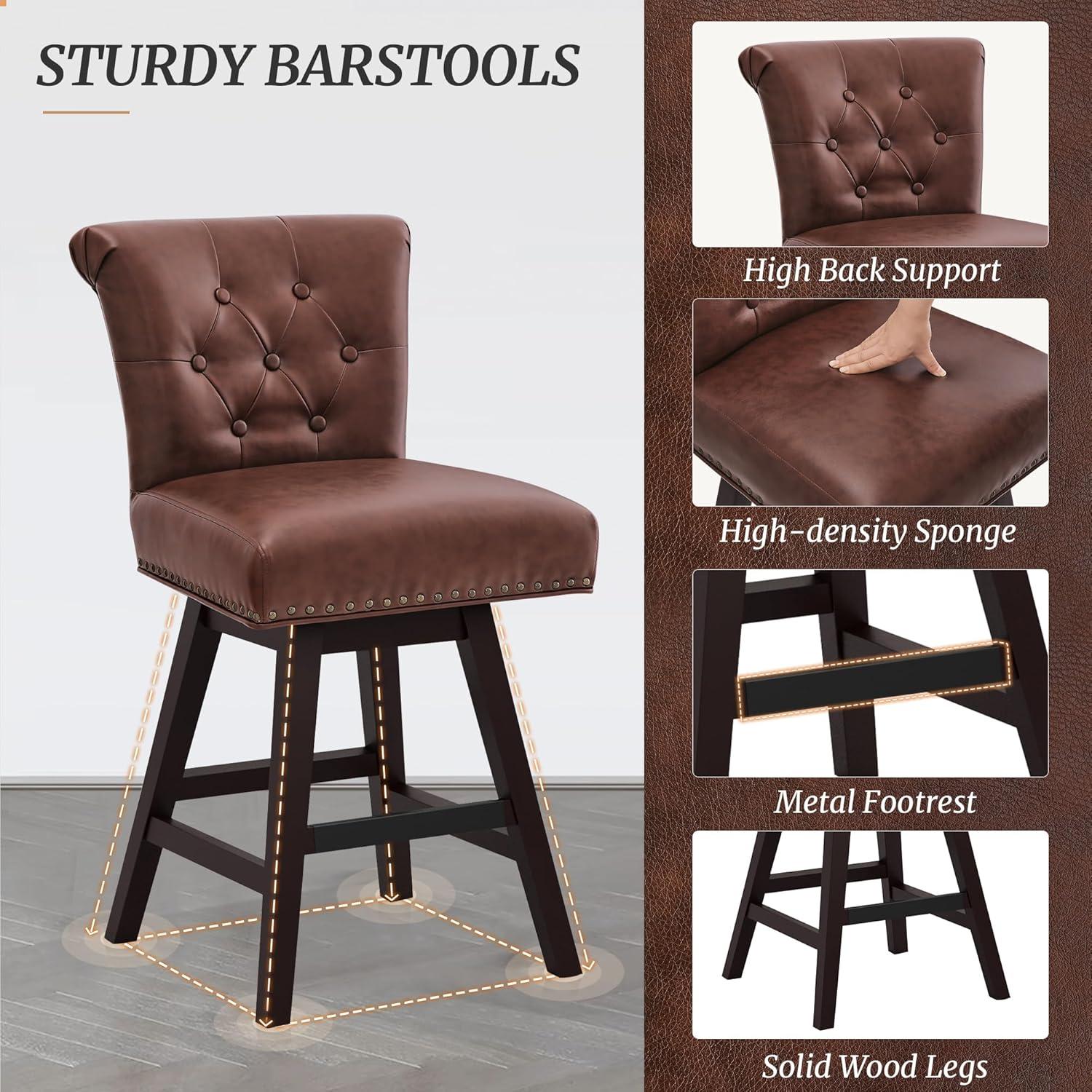 Dark Brown Faux Leather Swivel Bar Stools with Wood Legs, Set of 4