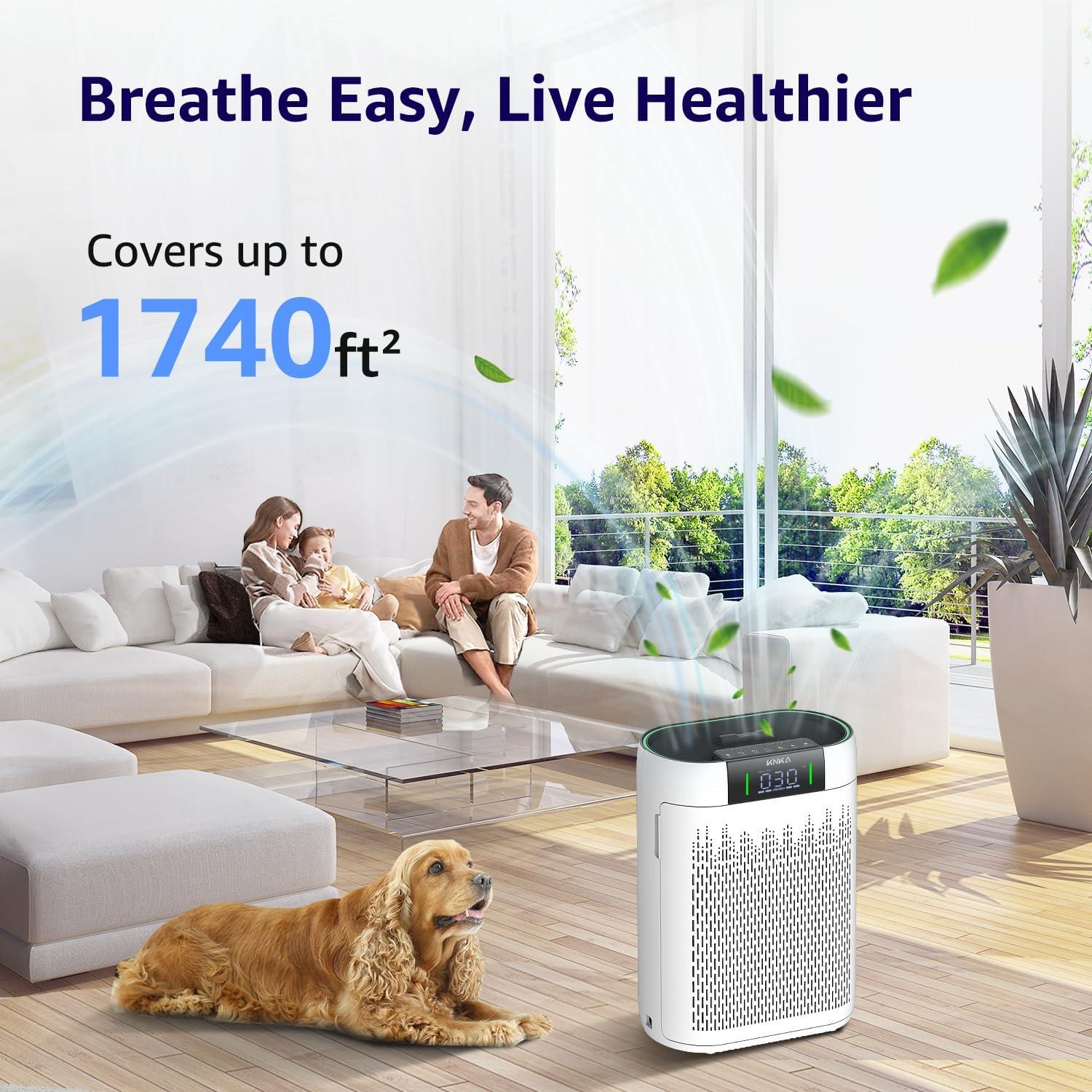 KNKA Air Purifier, HEPA Air Purifiers for Large Rooms up to 2500 Sq. ft., Air Cleaner with Air Quality Monitor, Smart WiFi, and Aromatherapy, for Allergies, Pets, Odors, Dust, Pollen, and Smoke