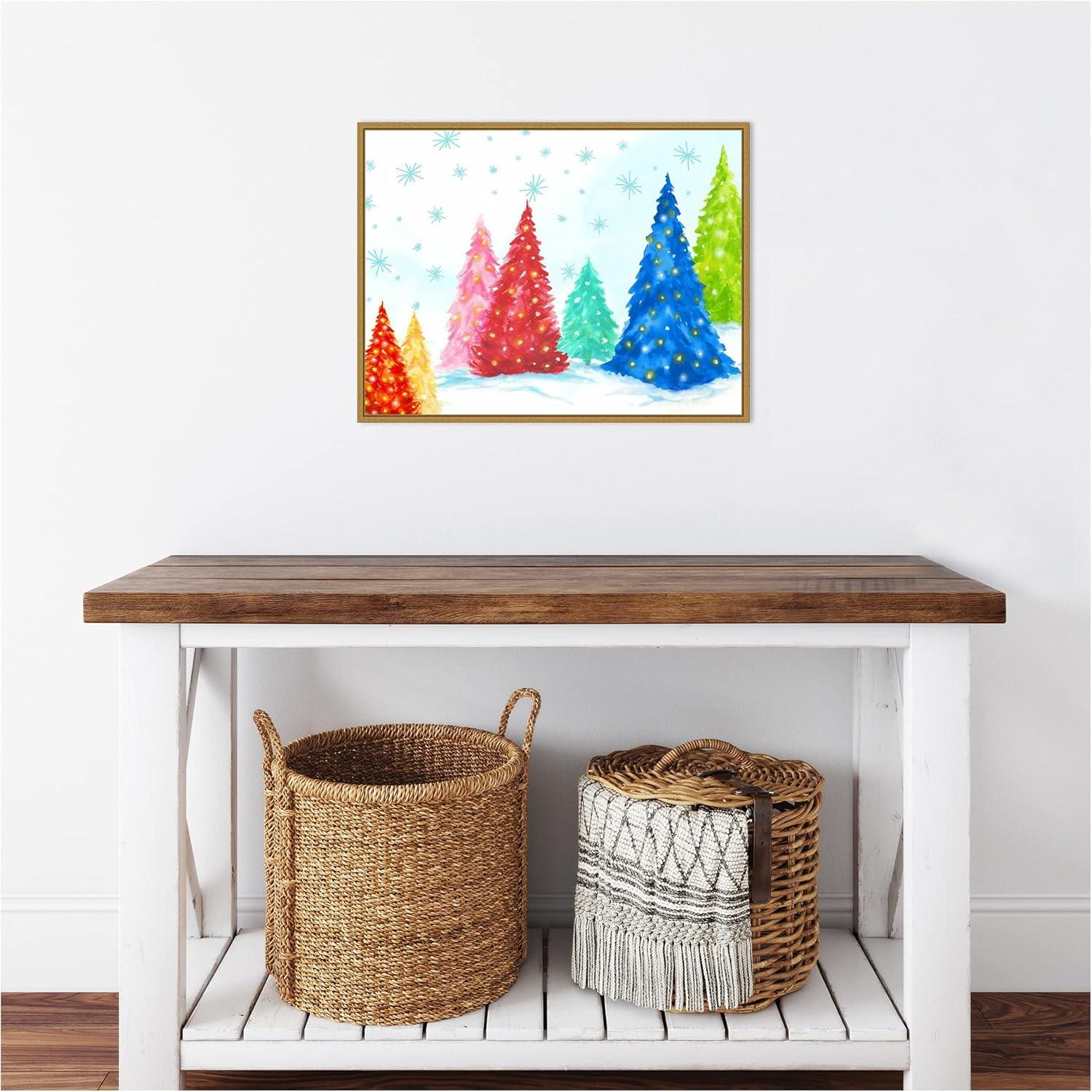 Magic Christmas Trees Multicolor Canvas Print with Gold Frame