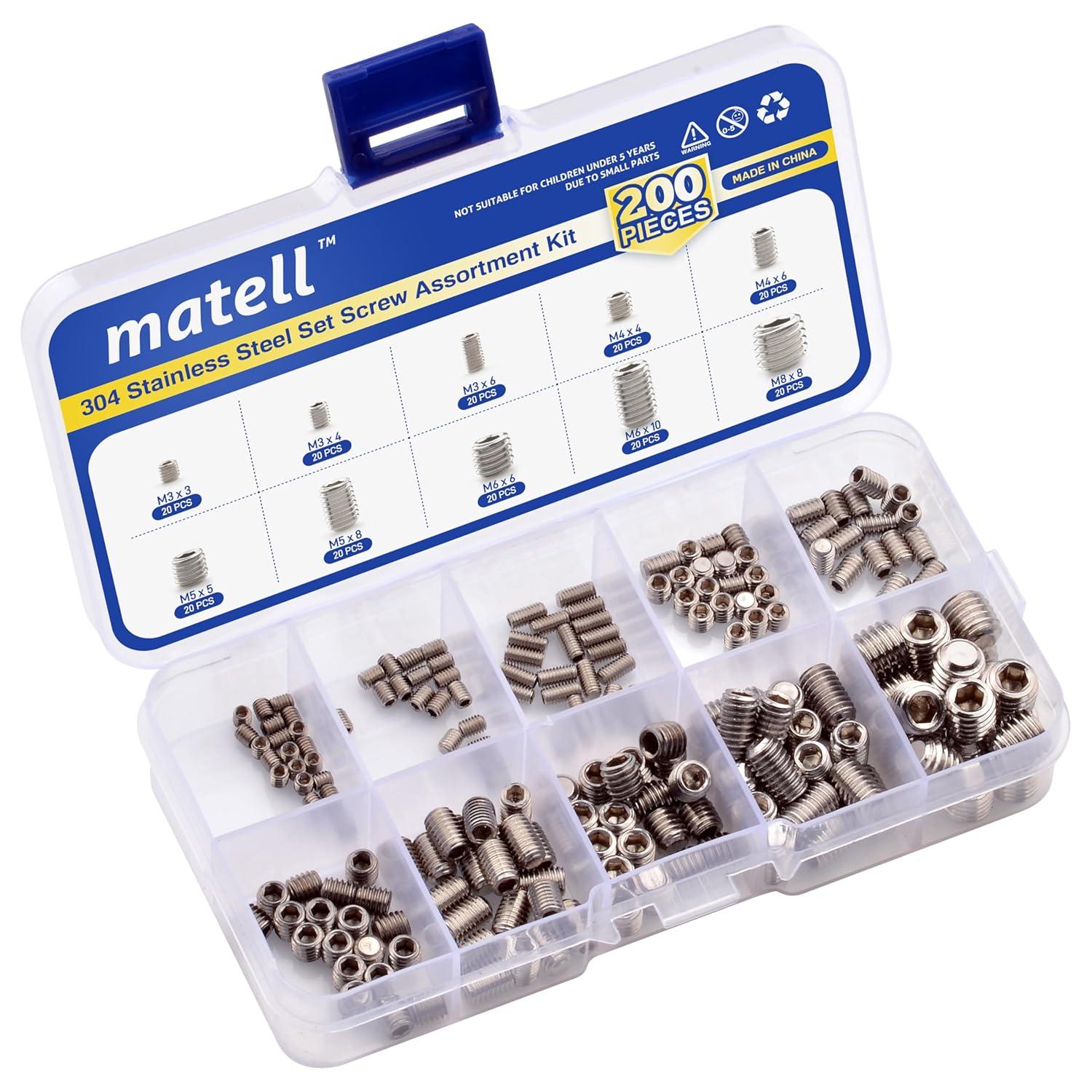 200pcs Stainless Steel Hex Allen Head Socket Set Screw Assortment Kit Socket Set Screw with Internal Hex Drive (Silver)
