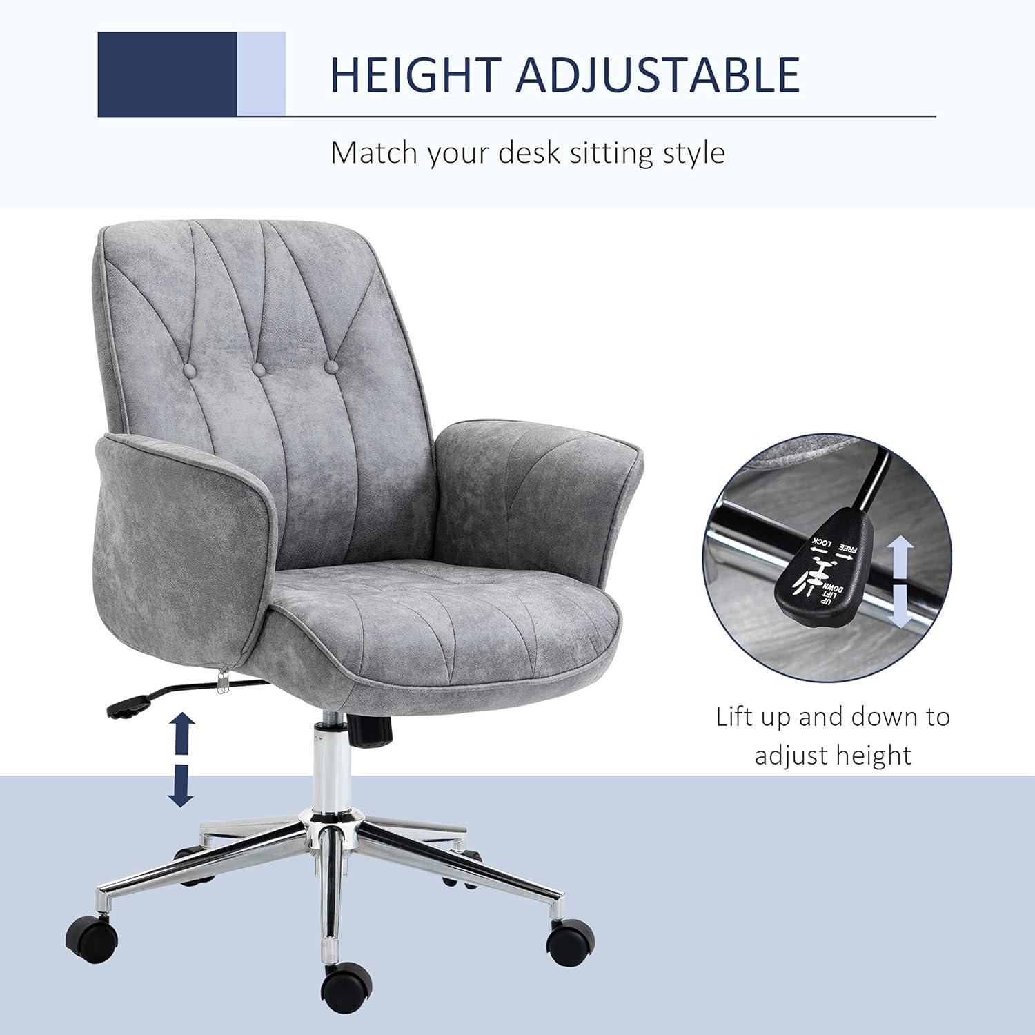 Zazesaby Microfiber Home Office Chair, Height Adjustable Button Tufted Computer Desk Chair with Swivel Wheels, Tilt Function and Padded Armrests, Light Gray