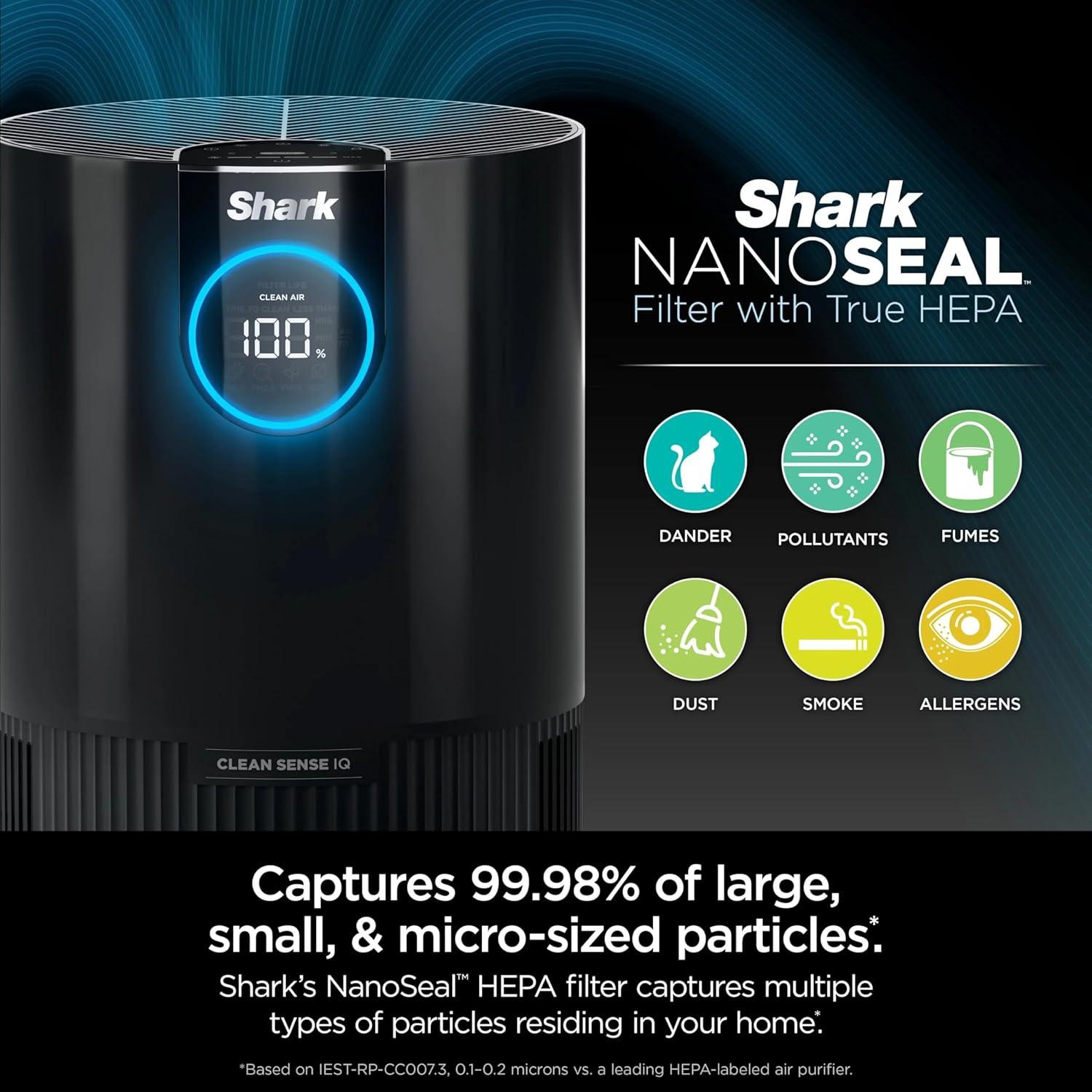 Shark Air Purifier with Nanoseal HEPA, Cleansense IQ, Odor Lock,n500 Sq. ft, Charcoal Grey, HP100