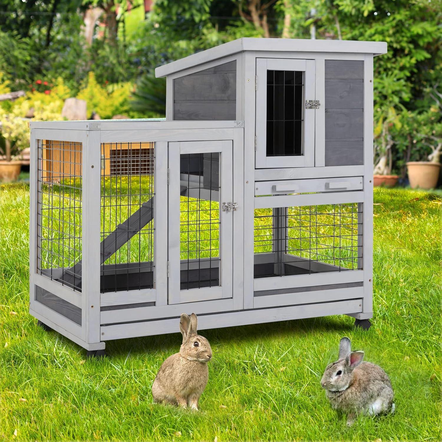 BestPet Rabbit Cage Wooden Rabbit Hutch Two Layers Chicken Coop Outdoor Indoor Guinea Pig Cage Bunny Cage Waterproof Roof Bunny Hutch with Casters and Tray