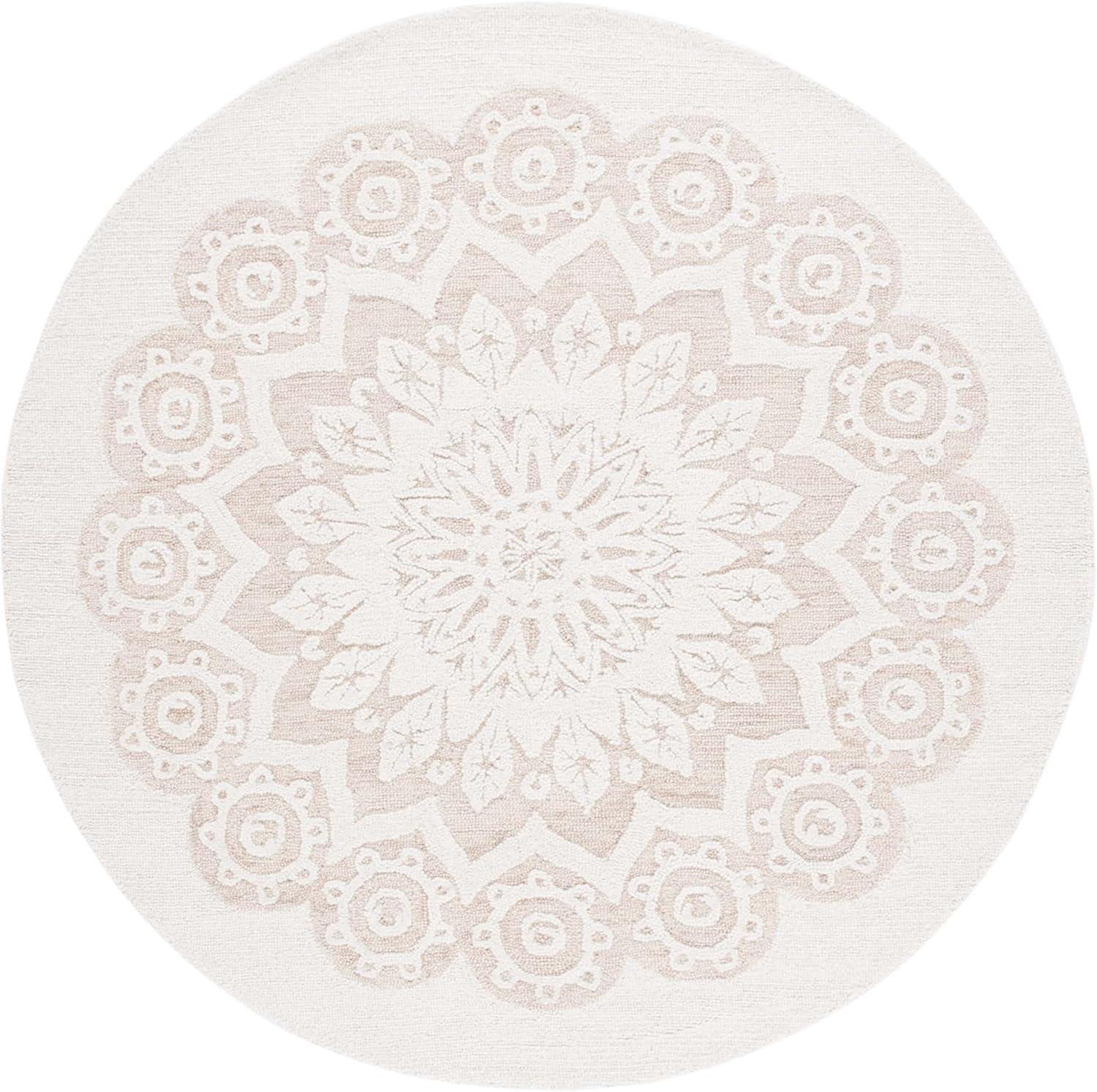 Ivory and Light Brown Round Floral Wool Tufted Area Rug