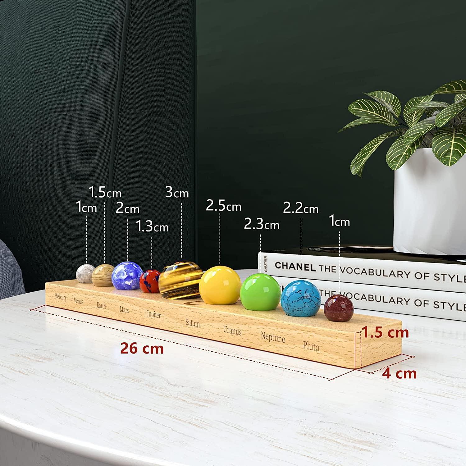 Nine Planets Gemstone Solar System Model with Wood Base