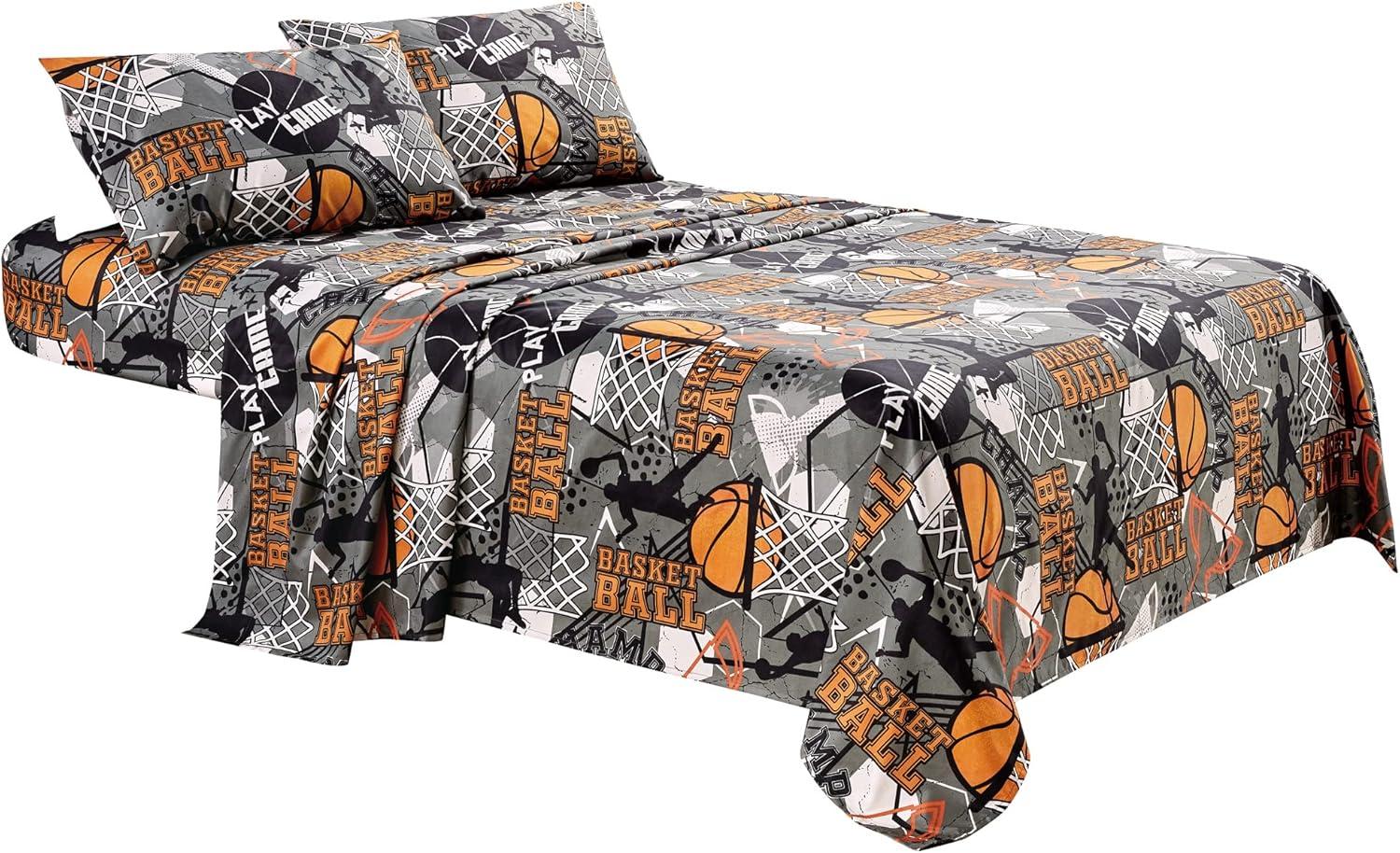 Chezmoi Collection 4-Piece Kids/Teens Basketball Sheet Set - Soft Microfiber Gray Orange Black Printed Sports Basketball Slam Dunk Fun Kids Sheets, Full Size