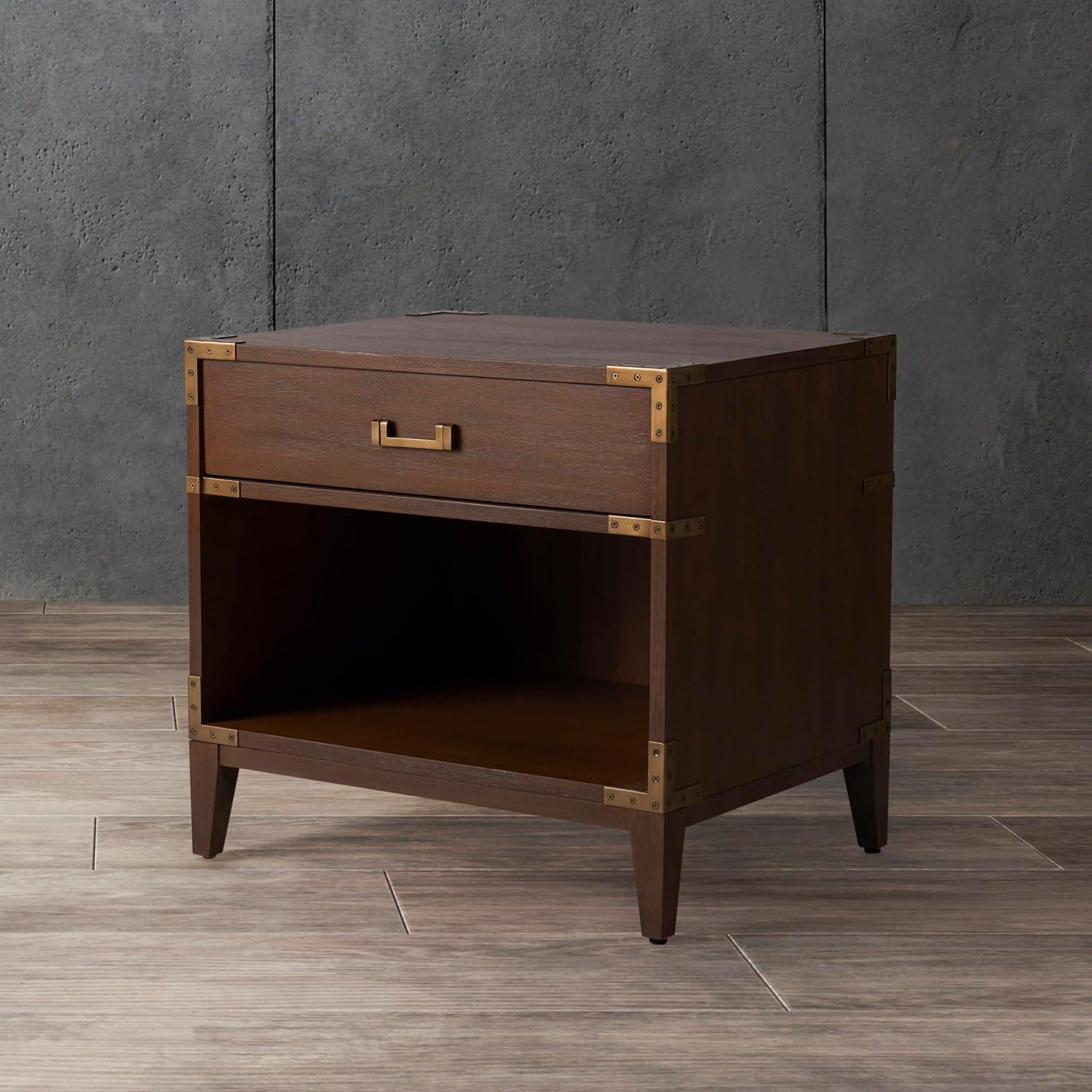 Brown Mahogany 1-Drawer Nightstand with Brass Hardware