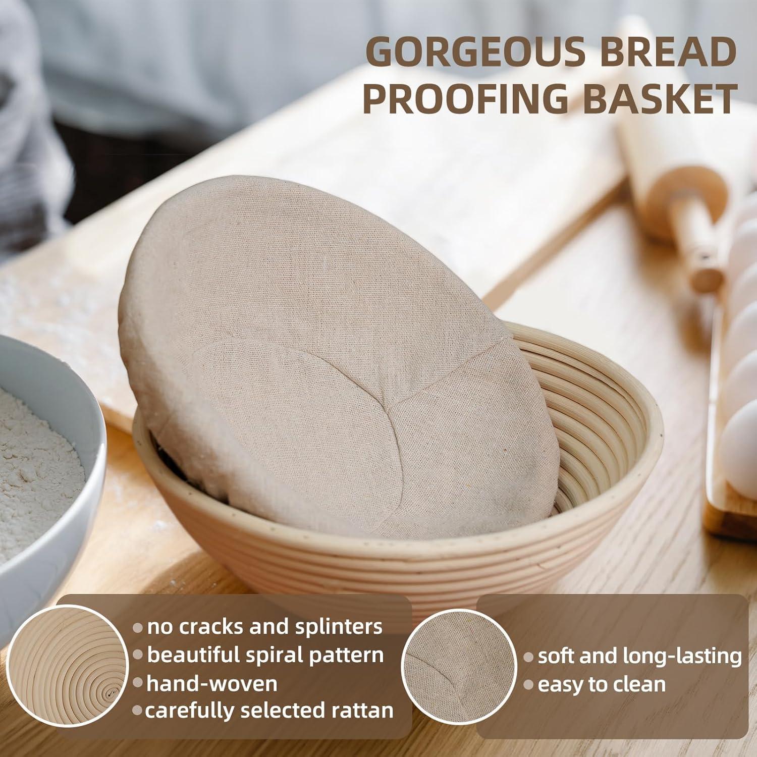 Hand-Woven Rattan Bread Proofing Basket Set with Linen Liners