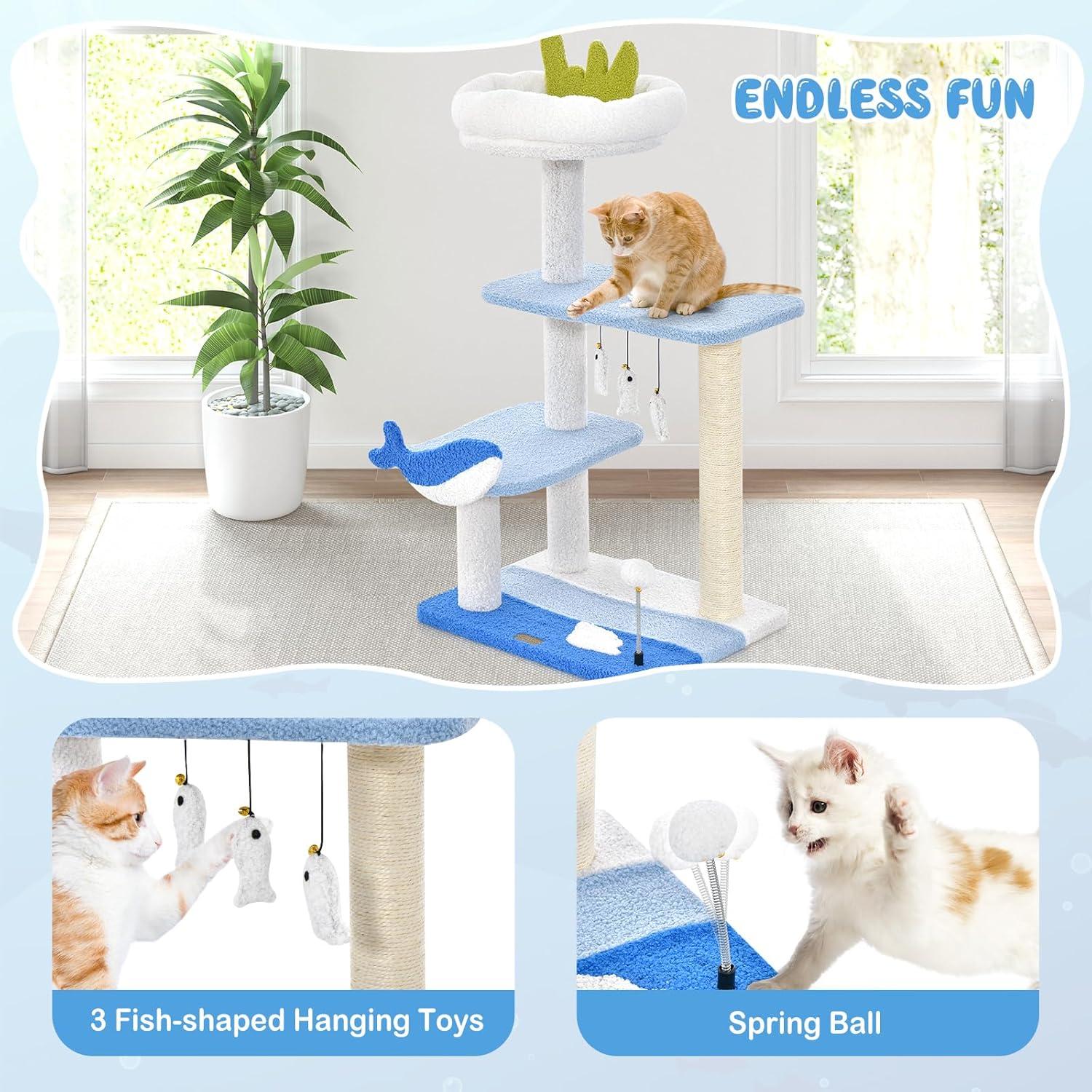 Kadyn Cat Tree for Large Cat, Cat Tower Heavy Duty, Extra Tall Cat Condo, 3-level Cat Tower with Sisal Covered Scratching Posts-Blue