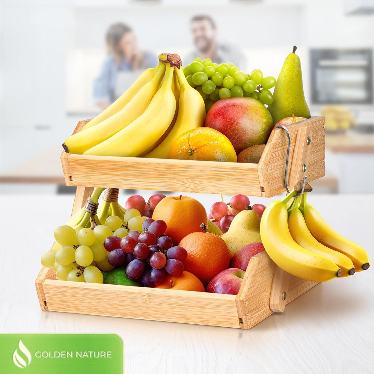Bamboo Basket for Kitchen Counter Fruit & Vegetable Storage, Two Tier Wooden Fruit Bowl by Golden Nature