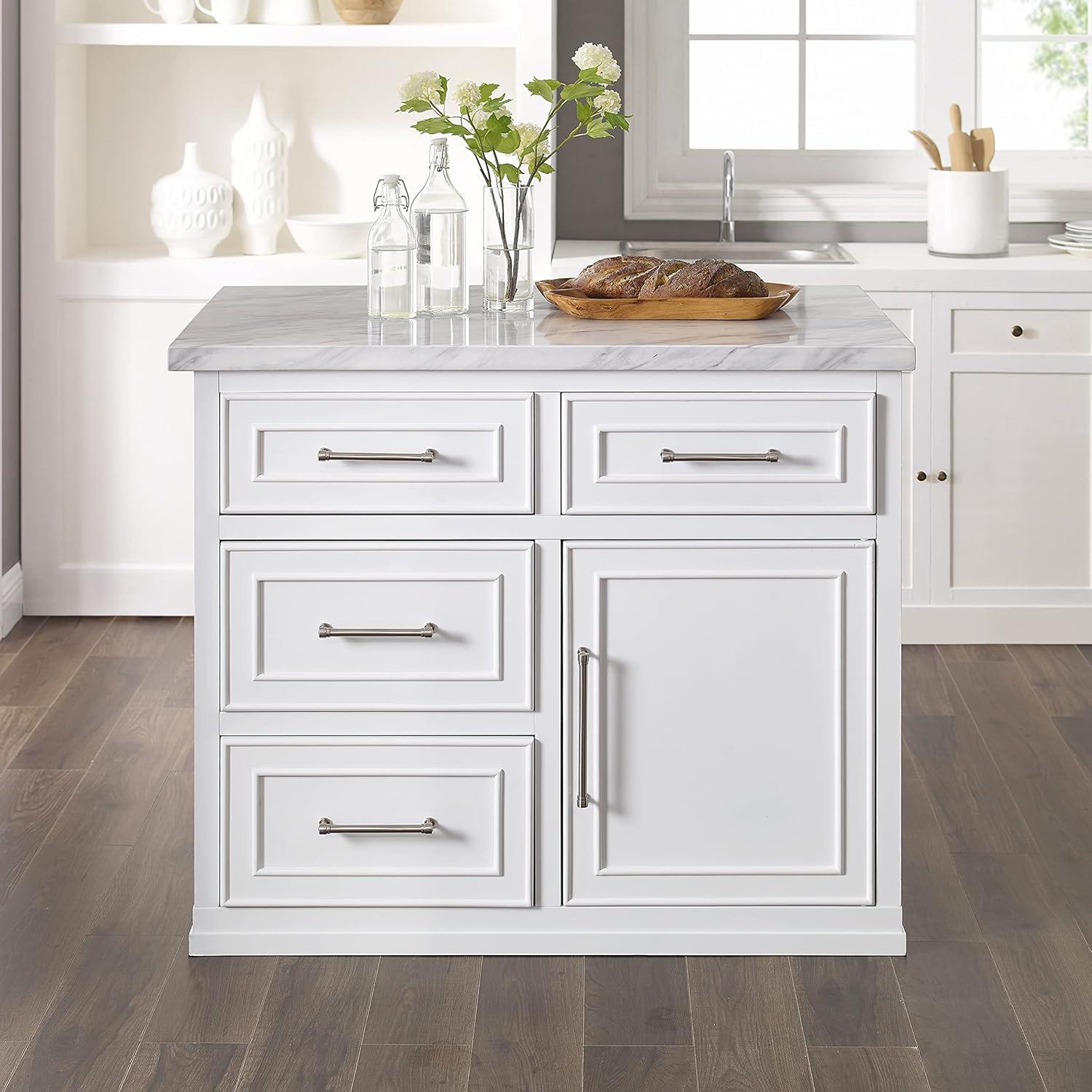 Crosley Cutler Faux Marble Top Kitchen Island White/White Marble: Traditional Style Cart with Adjustable Shelves, Storage