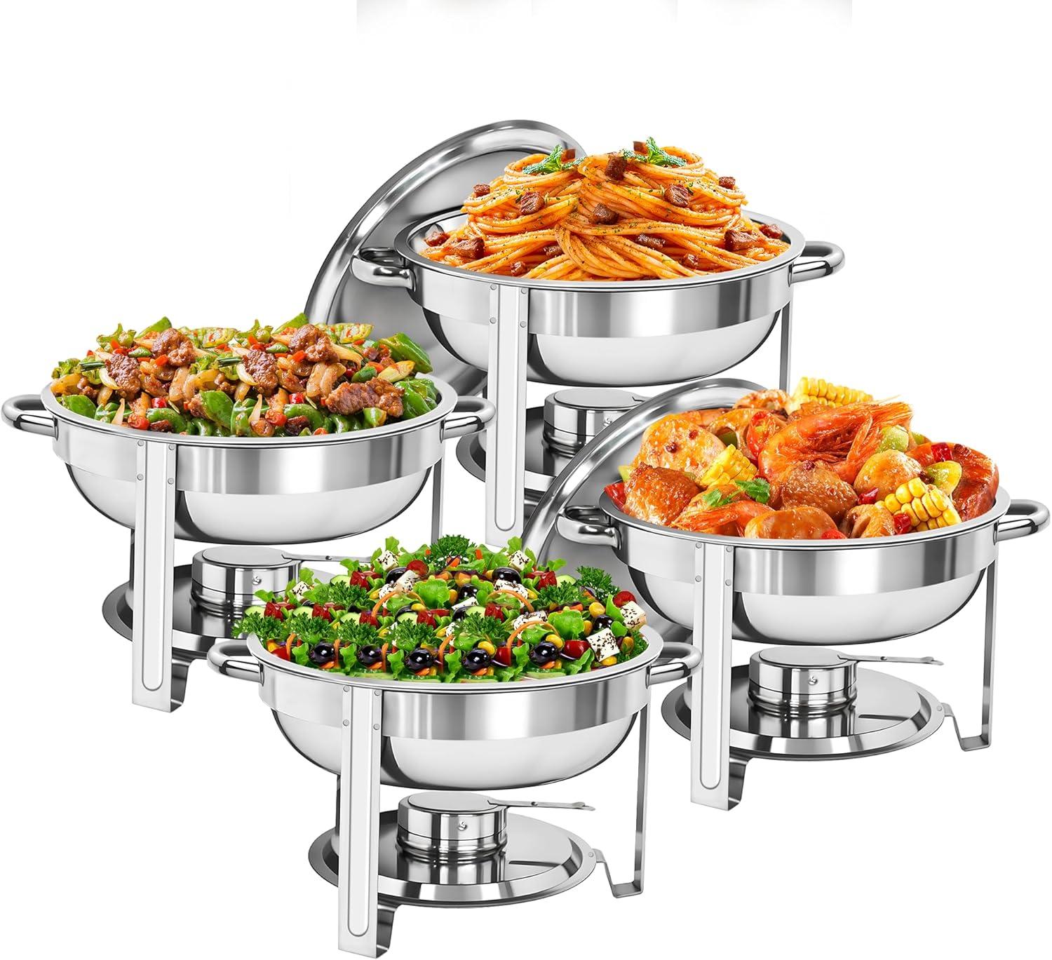 Round Stainless Steel Chafing Dish Set with Glass Lid, 5-Quart, Silver, Set of 4