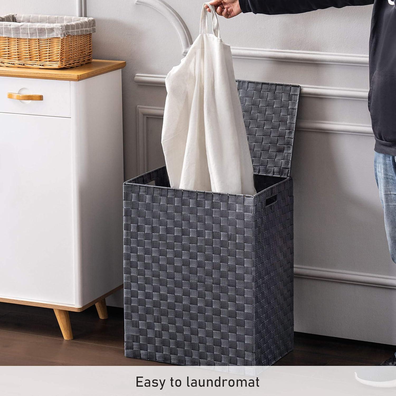 90L Large Laundry Hamper with Wheels,Rolling Laundry Basket with Lid and Renovable Liner Bag,Handwoven Rattan Organizer for bedroom, bathroom, laundry room (Grey)