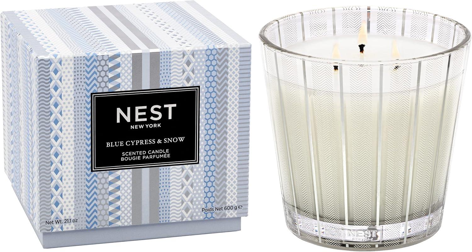 NEST New York Scented 3-Wick Candle, Blue Cypress & Snow - 21.2 oz - Up to 100-Hour Burn Time - Reusable Glass Vessel