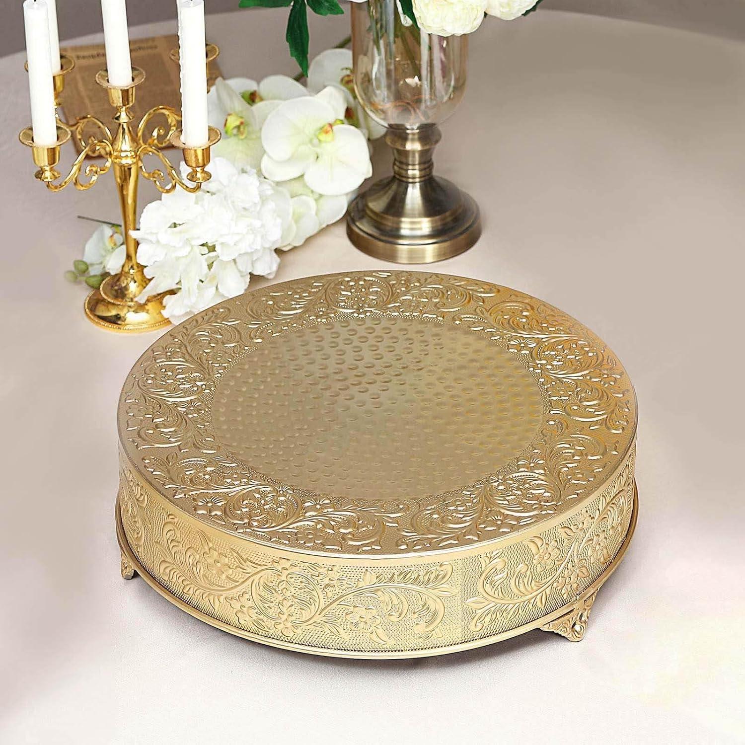 Efavormart 18 inch Gold Round Embossed Metal Cake Plateau Stand Riser Wedding Birthday Party Dessert Cake Pedestal Display Plate