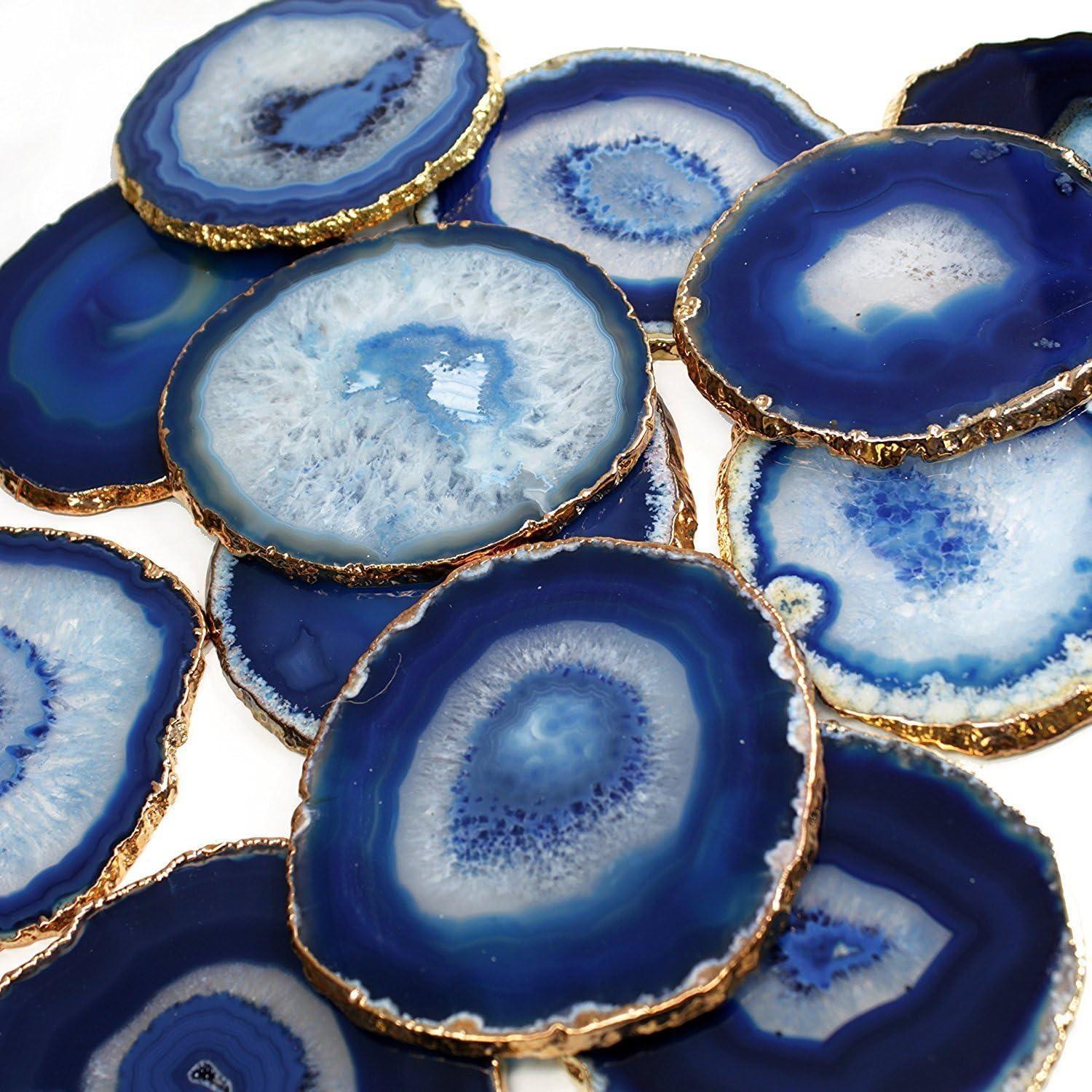 Set of 4 Blue Agate Stone Coasters with Gold Edges