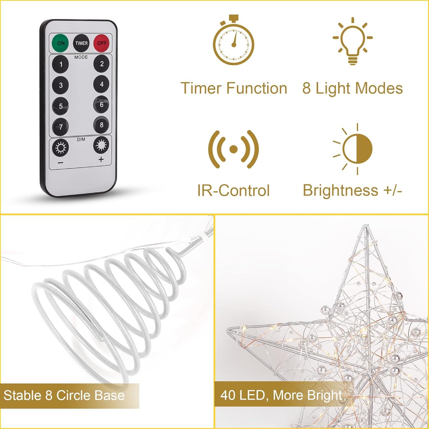 Christmas Tree Topper, 40 Light Tree Topper Star, Christmas Tree Topper Lighted, Prolong Wire Star Tree Topper With Remote Control For Christmas Decorations, Holiday, Vacation, New Year