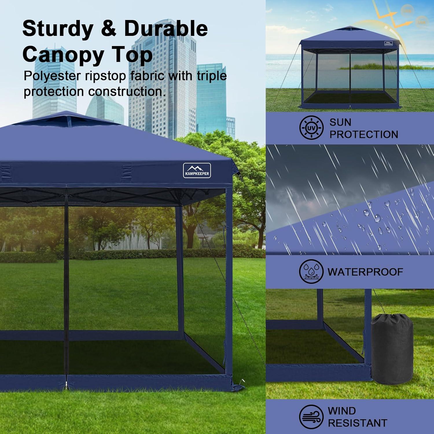 KAMPKEEPER 10x10 Pop Up Canopy Tent with Mosquito Netting - Waterproof Screen Shelter for Sun Shade, Camping, Beach and Outdoor Events, Navy Blue