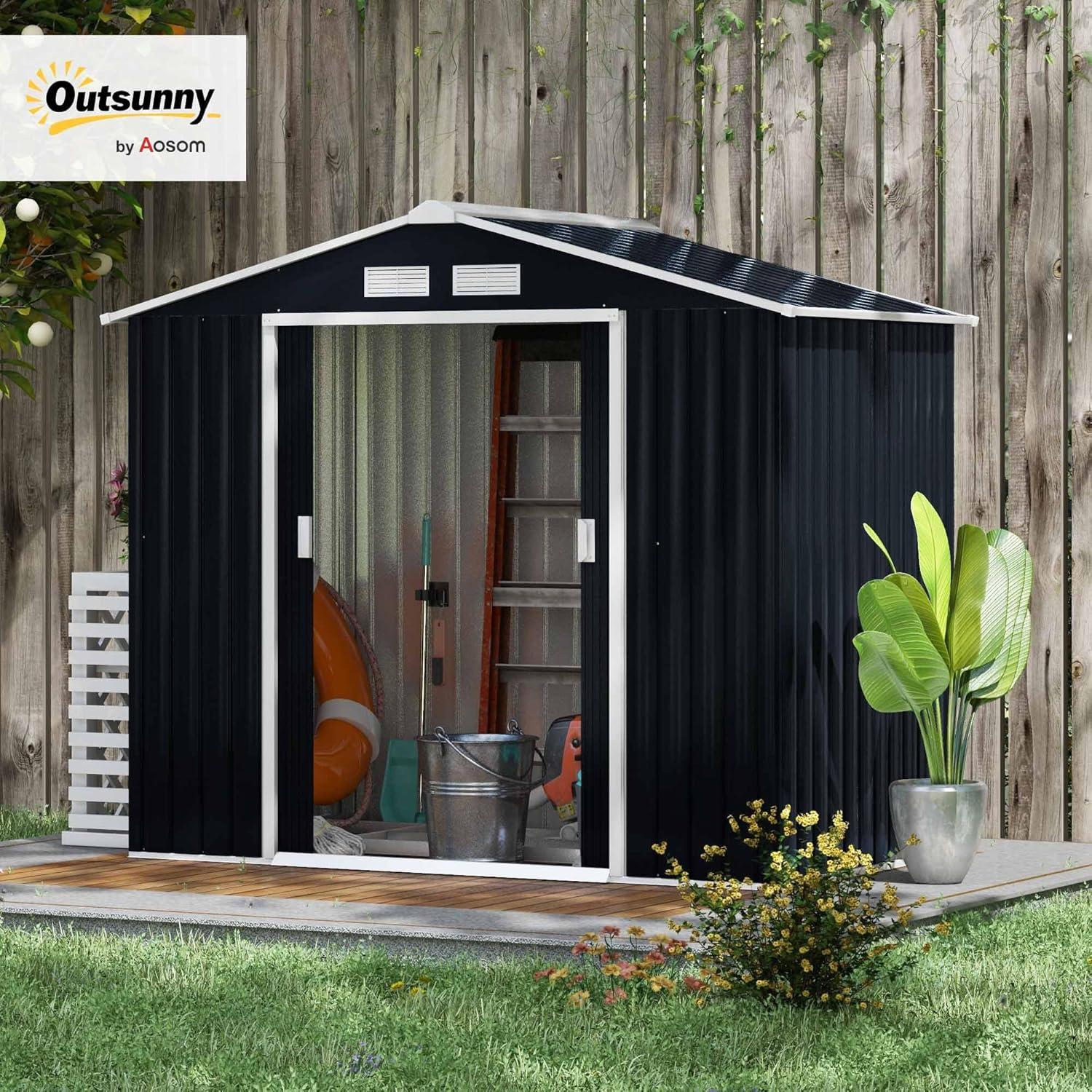 Outsunny 7' x 4' Metal Storage Shed Organizer, Garden Tool House with 4 Vents and 2 Sliding Doors for Backyard, Patio, Garage, Lawn, Dark Gray