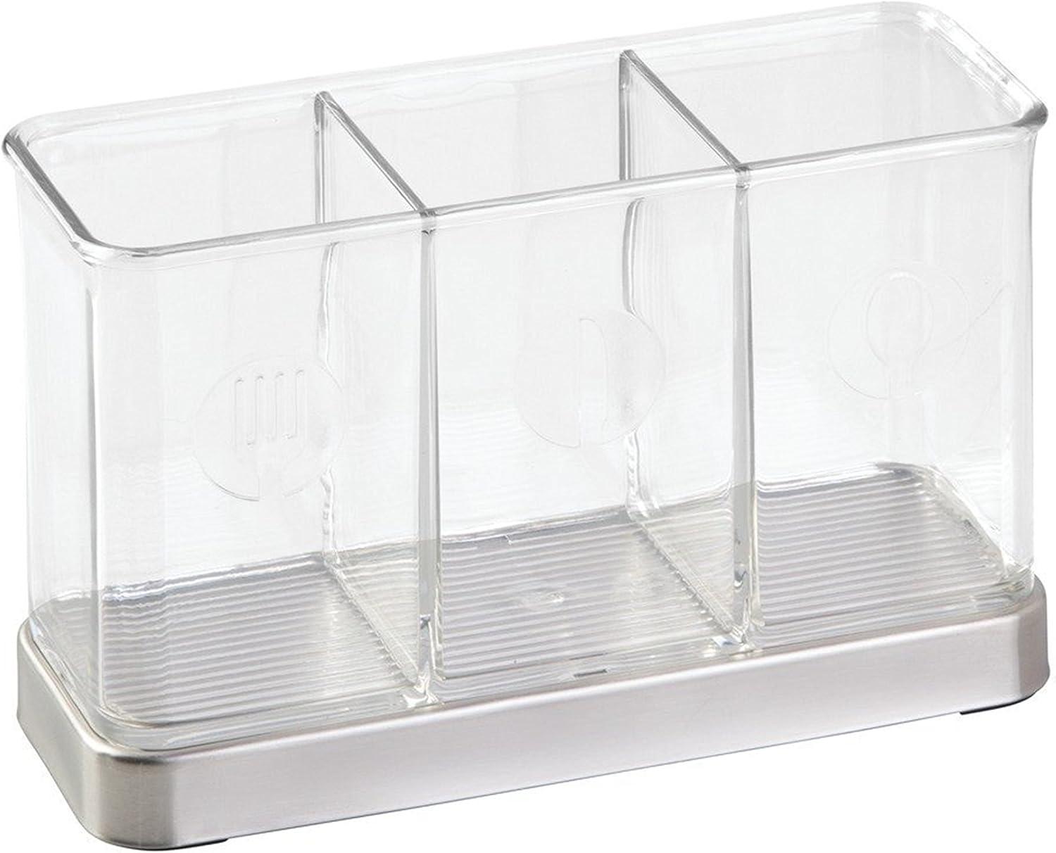 Clear Plastic and Stainless Steel Utensil Holder with 3 Compartments