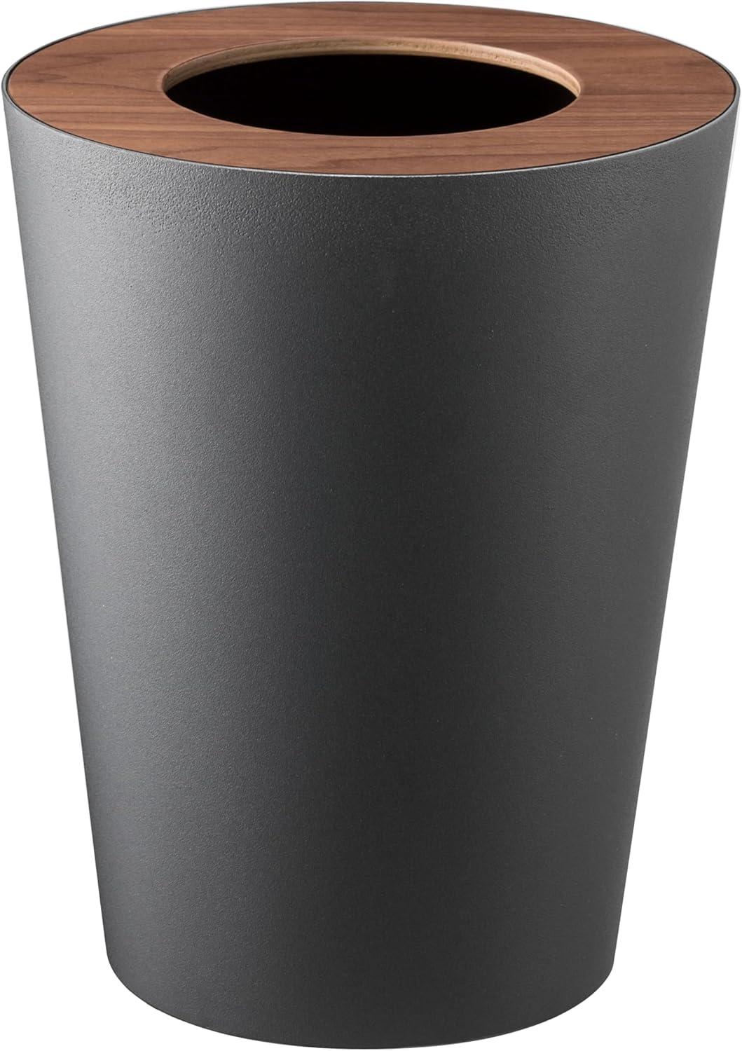 Rin Yamazaki Home Round Trash Can, 1.85 gallon Wastebasket Bathroom Kitchen Office, Steel + Wood