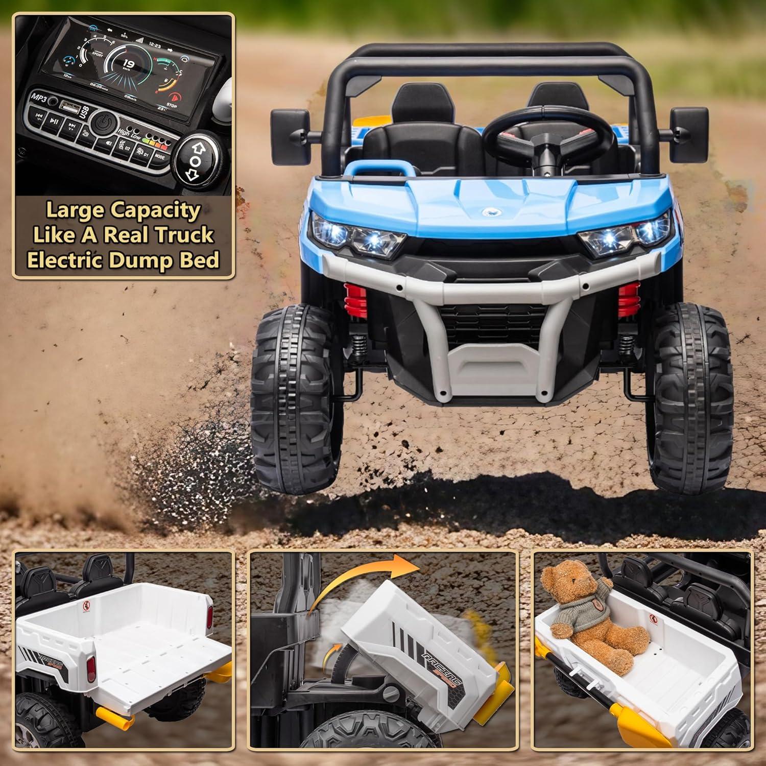Xuanlur 24V 2 Seater Kids Ride on Car Truck, Ride on UTV W/ 2x200W Motor, 24 Volt Ride on Toys W/ Dump Bed/Shovel, Electric Car for Kids W/ Durable Tires, LED Light, Music, Remote Control, Blue