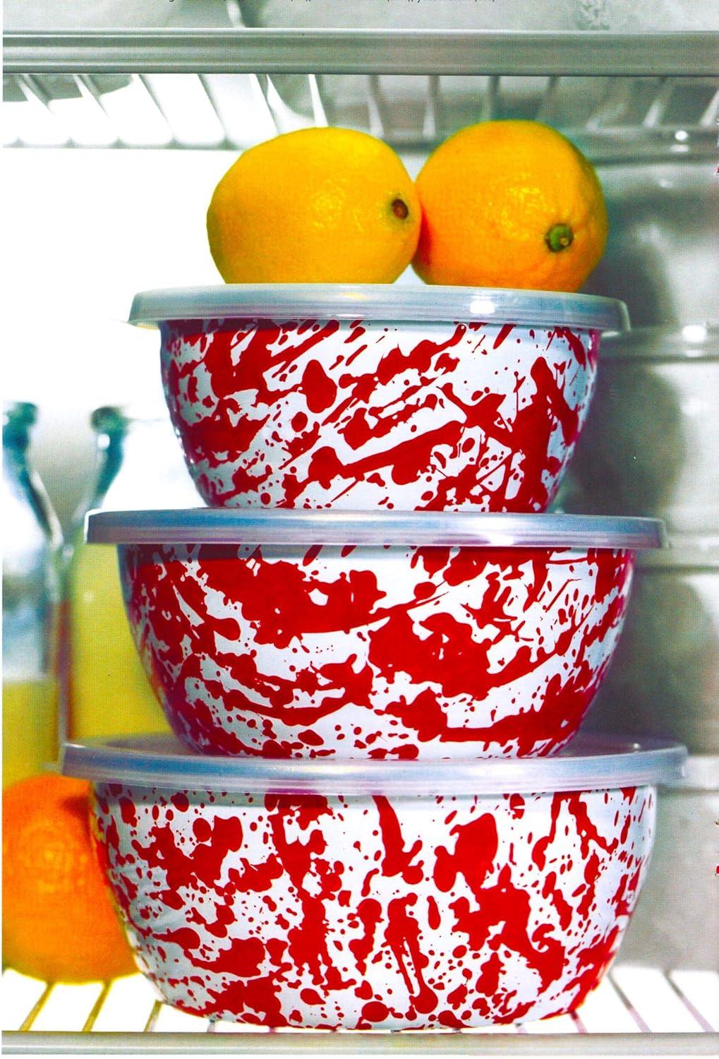 Red Swirl Ceramic Nesting Bowls with Lids, Set of 3