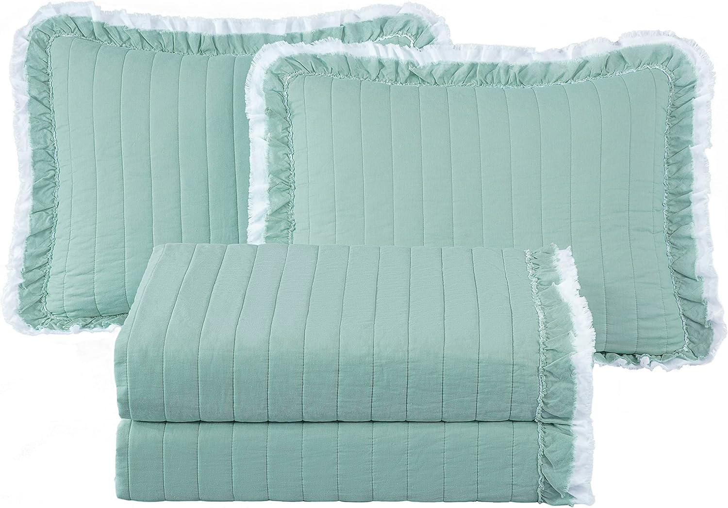 Chezmoi Collection Bonnie Double Frayed Ruffled Edge Cotton Quilt Set