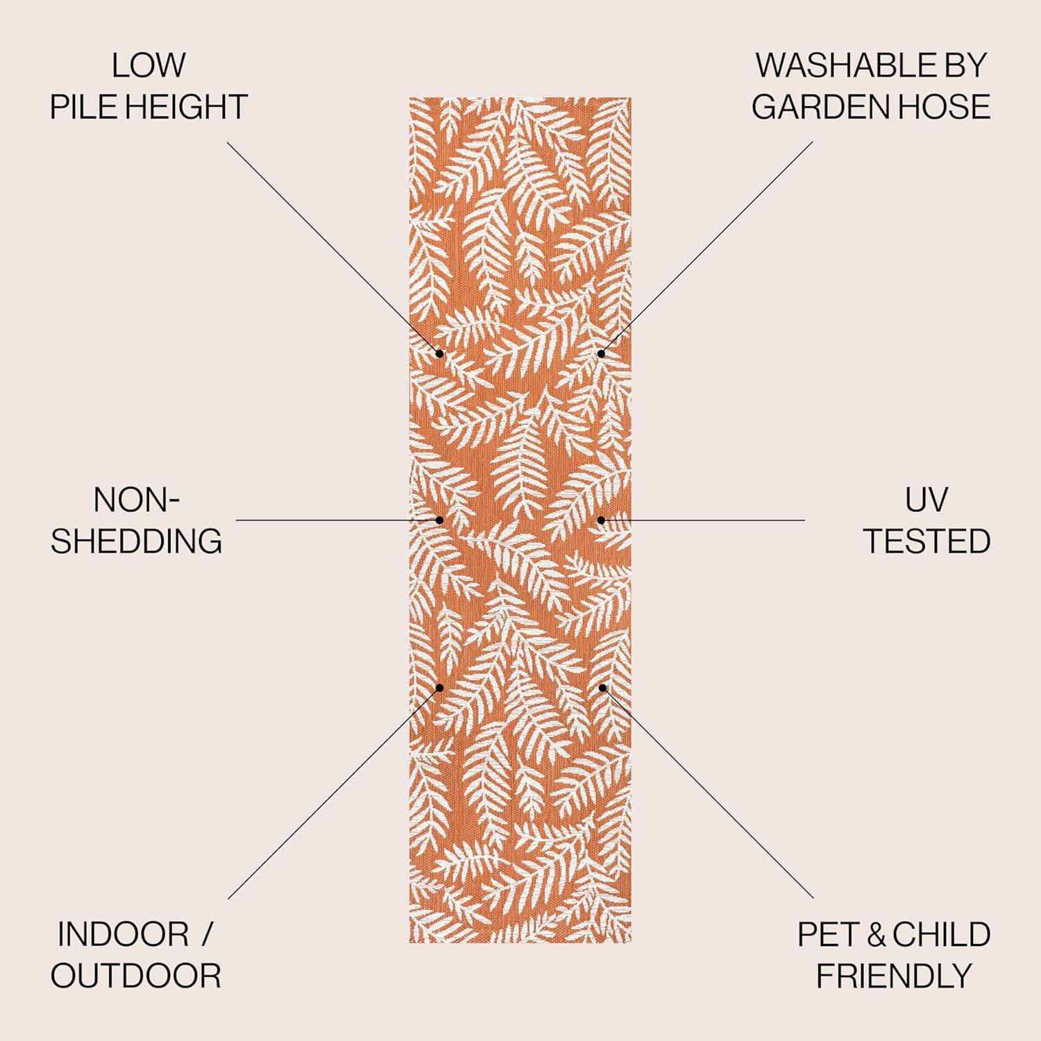 2' x 10' Nevis Palm Frond Indoor/Outdoor Runner Rug, Orange/Cream - JONATHAN Y