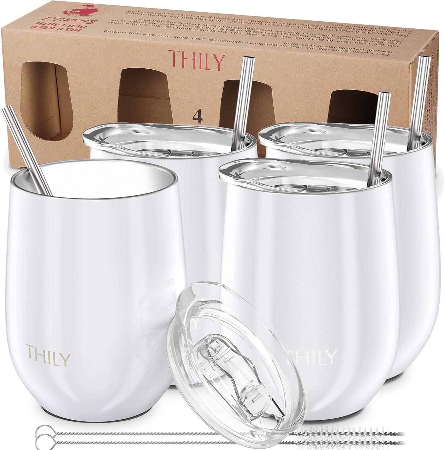 Stainless Steel Insulated Wine Tumbler - THILY 4 Pack Stemless Wine Glasses Set with Splash-proof Lids, Metal Straws, Reusable, Keep Cold for Coffee, Drinks, Cocktails, Christmas Gifts, Pearl White