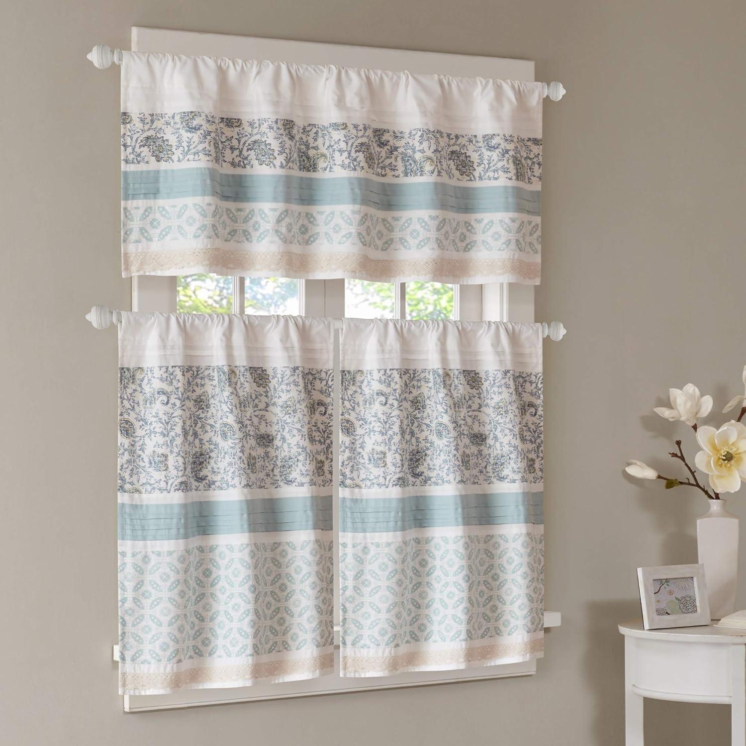 Paisley Aqua and White Cotton Rod Pocket Valance