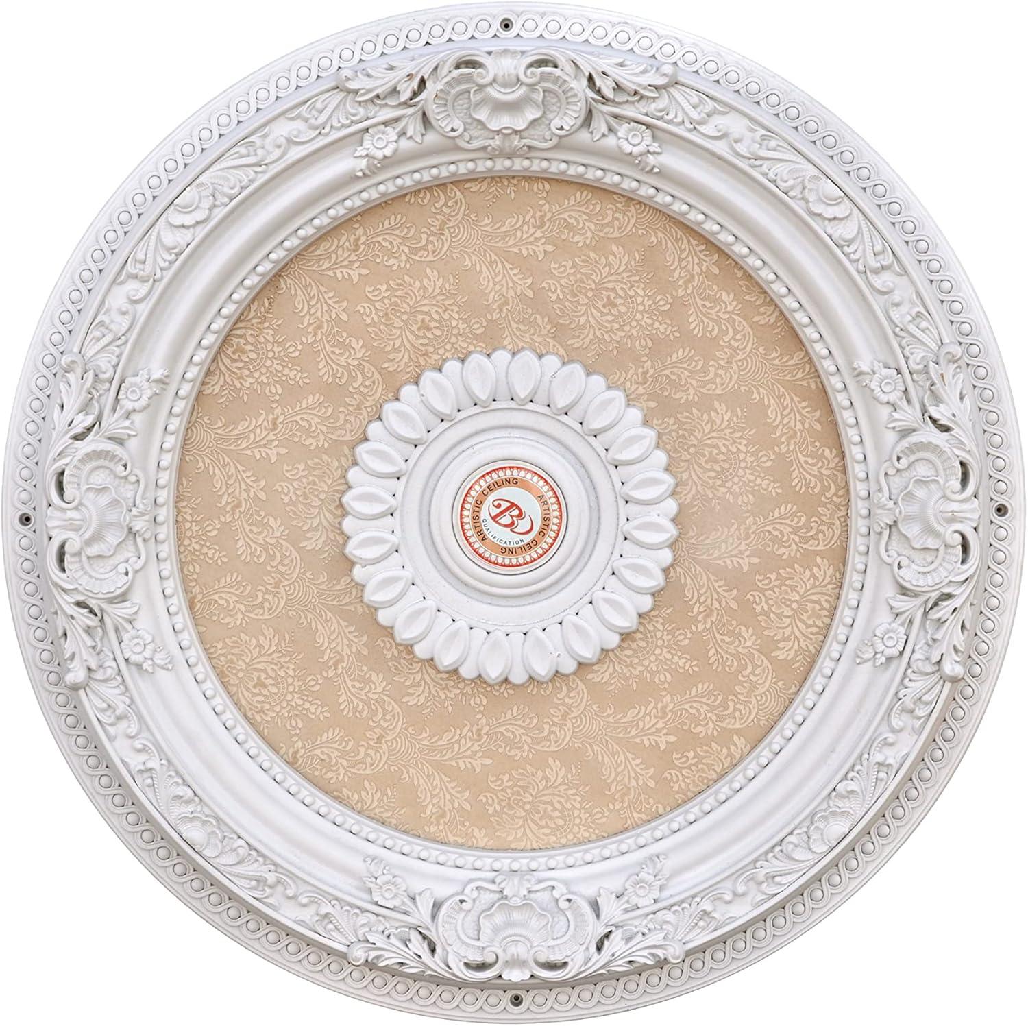 Petite White and Beige Polystyrene Chandelier Ceiling Medallion, 24 Inches