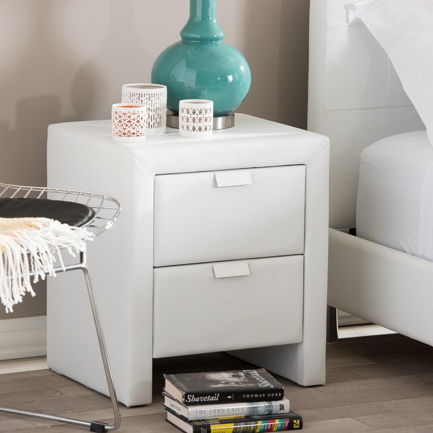 Sleek White Faux Leather 2-Drawer Contemporary Nightstand