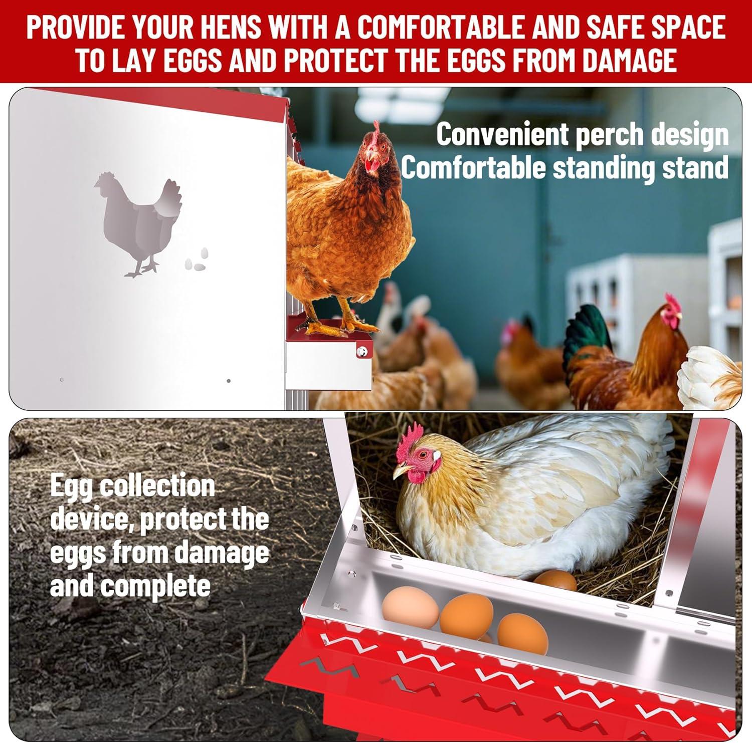 Nesting Boxes for Chickens, 6 Compartment Chicken Nesting Box with Metal Legs, Metal Chicken Laying Boxes with Perch, Secure Lid, Versatile Wall Mount or Free Standing for Hens, Red