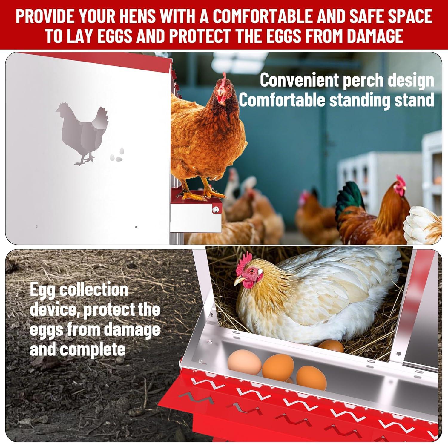 Nesting Boxes for Chickens, 6 Compartment Chicken Nesting Box with Metal Legs, Metal Chicken Laying Boxes with Perch, Secure Lid, Versatile Wall Mount or Free Standing for Hens, Red
