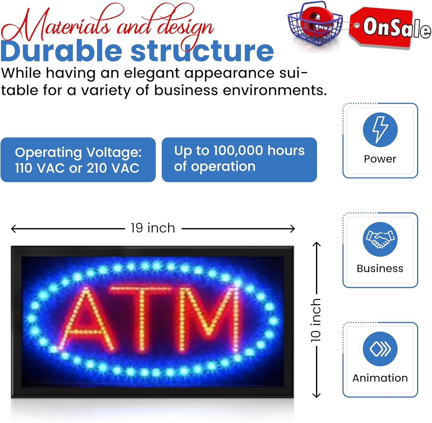 LED Neon Light ATM Sign With Animation On/off and Power On/Off two Switchs for Business B86