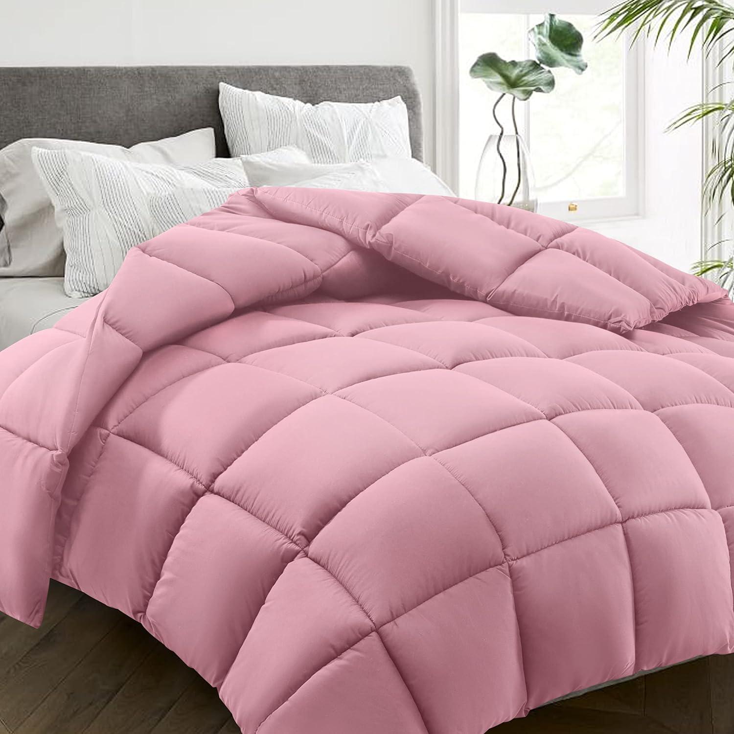 100% Cotton All-Season Comforter - Box Stitched Comforter - Bedding with Corner Tabs Machine Washable Lightweight Color Pink Solid Pattern Size Oversized Queen (98"x98")