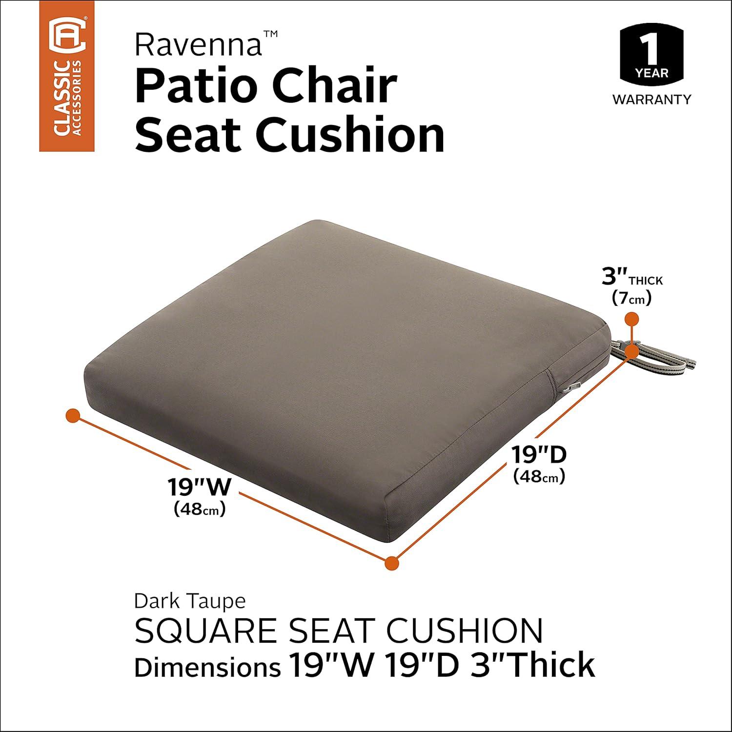 Classic Accessories Ravenna® Square Patio Seat Cushion Slip Cover & Foam - Durable Outdoor Cushion, Dark Taupe, 19"W x 19"D x 3"Thick