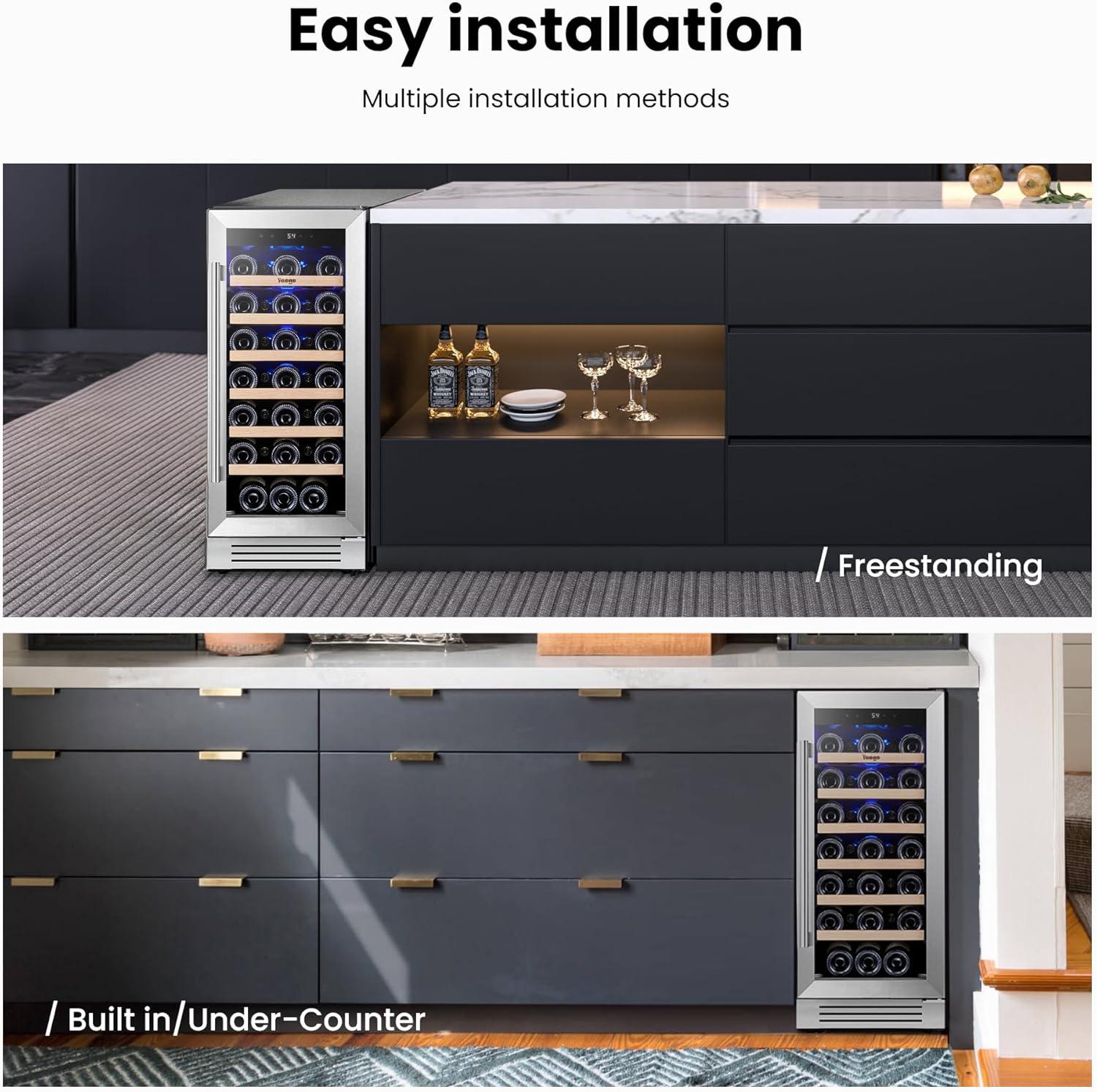 Yeego 15" Wine Cooler Refrigerator,33 Bottle Single Zone Wine Fridge with Stainless Steel Tempered Glass Door,Freestanding and Built-in