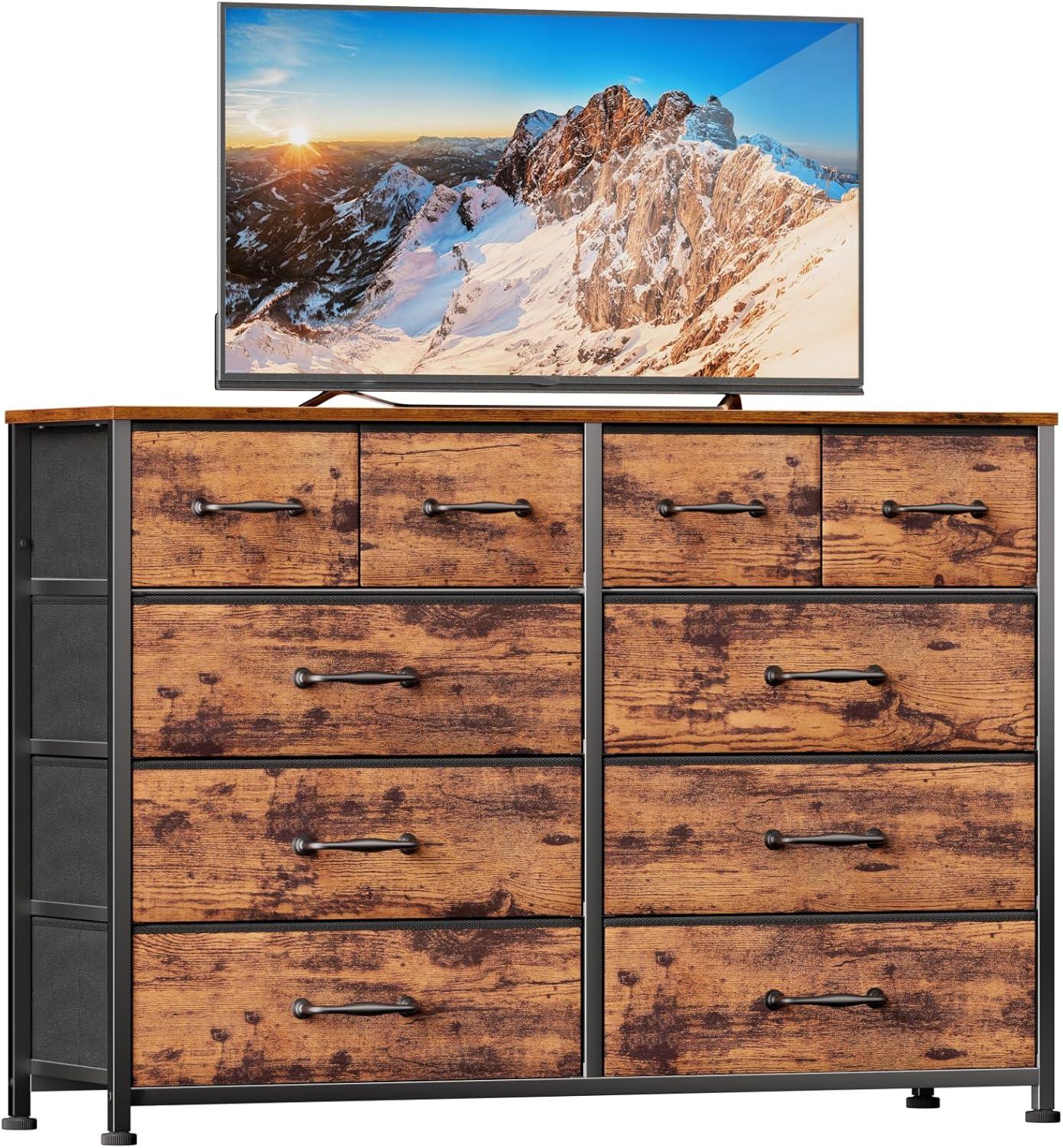 Furnulem Bedroom Dresser for 55”Long TV Stand,10 Storage Organizer Dressers & Chests of Drawers, Sturdy Metal Frame & Wood Top Tall Storage Cabinet for Bedroom Closet Living Room Entryway Rustic Brown