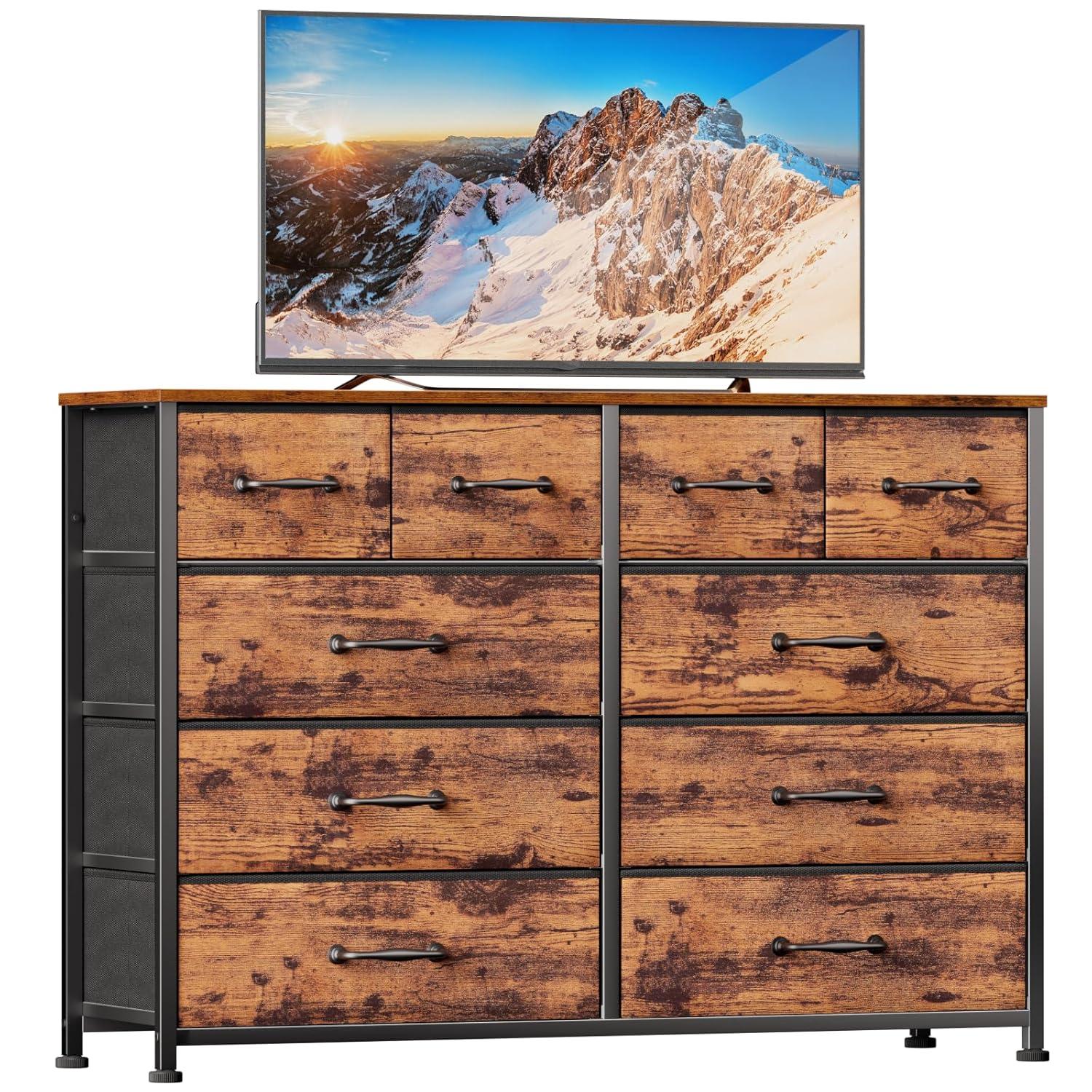 Furnulem Bedroom Dresser for 55”Long TV Stand,10 Storage Organizer Dressers & Chests of Drawers, Sturdy Metal Frame & Wood Top Tall Storage Cabinet for Bedroom Closet Living Room Entryway Rustic Brown