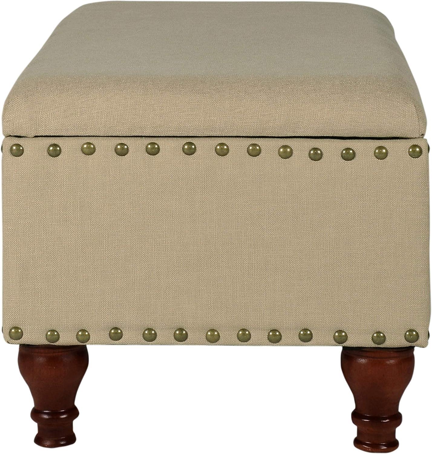 Elegant Tan Upholstered Storage Bench with Nailhead Trim and Wood Legs