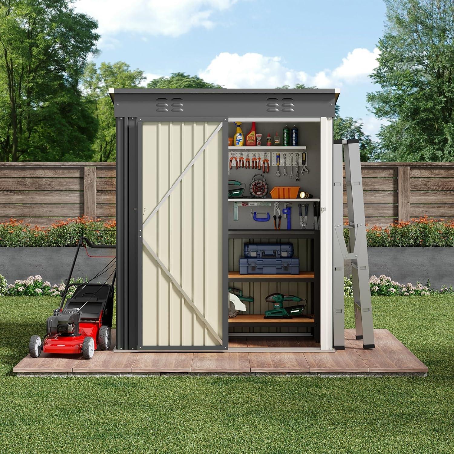 Bealife Outdoor Storage Shed Clearance, Metal Outdoor Storage Cabinet, Waterproof Tool Shed, Lockable Backyard Sheds for Garden, Patio and Lawn (Brown, 5' x 3')