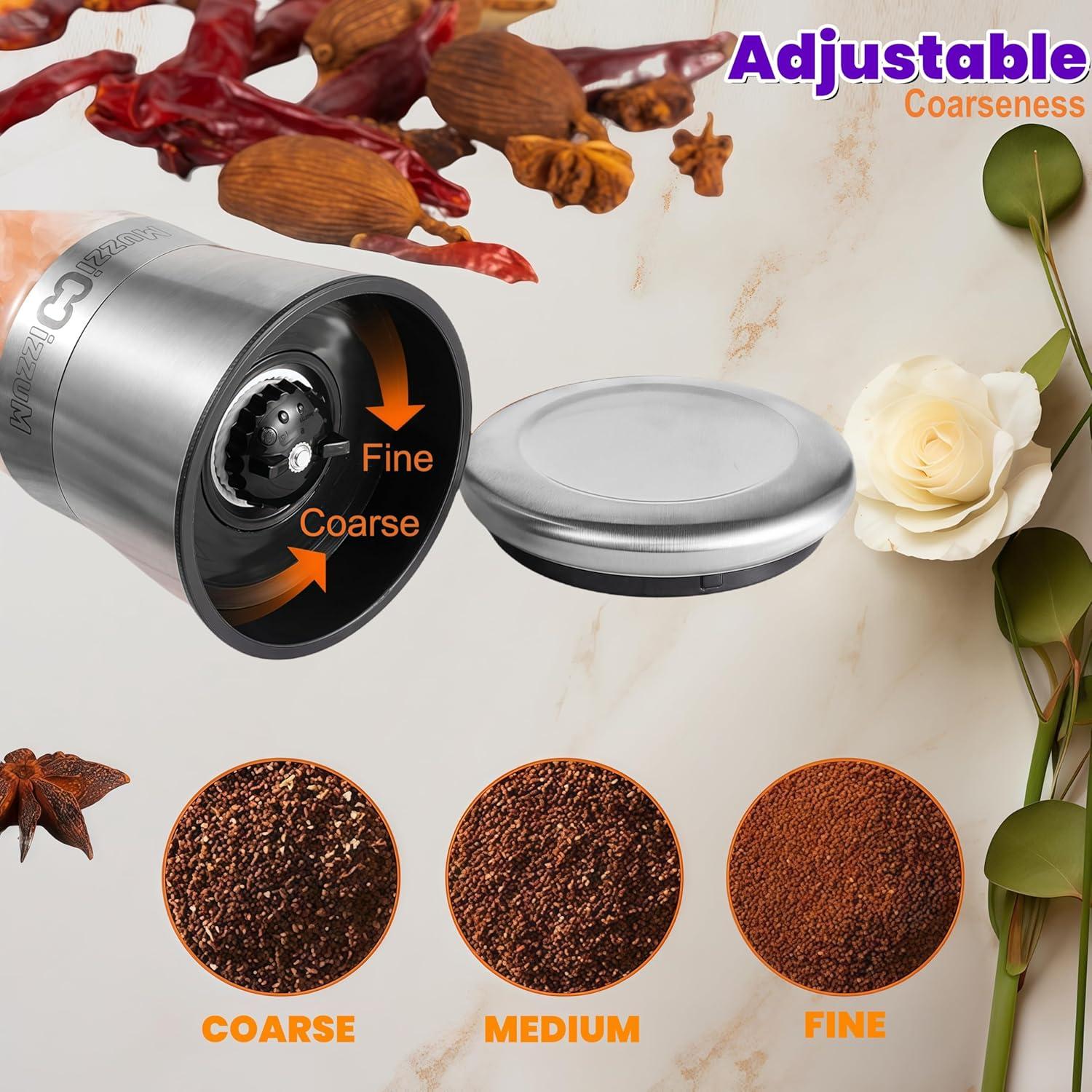 Textiles Hub Premium Salt And Pepper Grinder Set Of 2 - Two Refillable Stainless Steel Sea Salt & Spice Shakers With Adjustable Coarse Mills - Easy Clean Grinders Funnel & Cleaning Brush