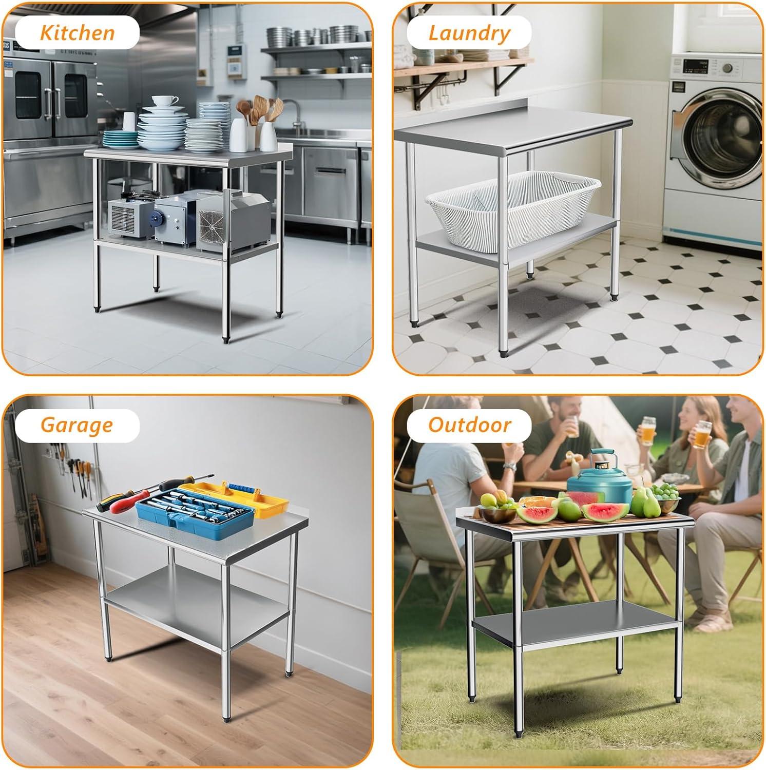 ROVSUN 36'' x 24'' Stainless Steel Table for Prep & Work, Metal Table with Undershelf for Kitchen Restaurant, Home